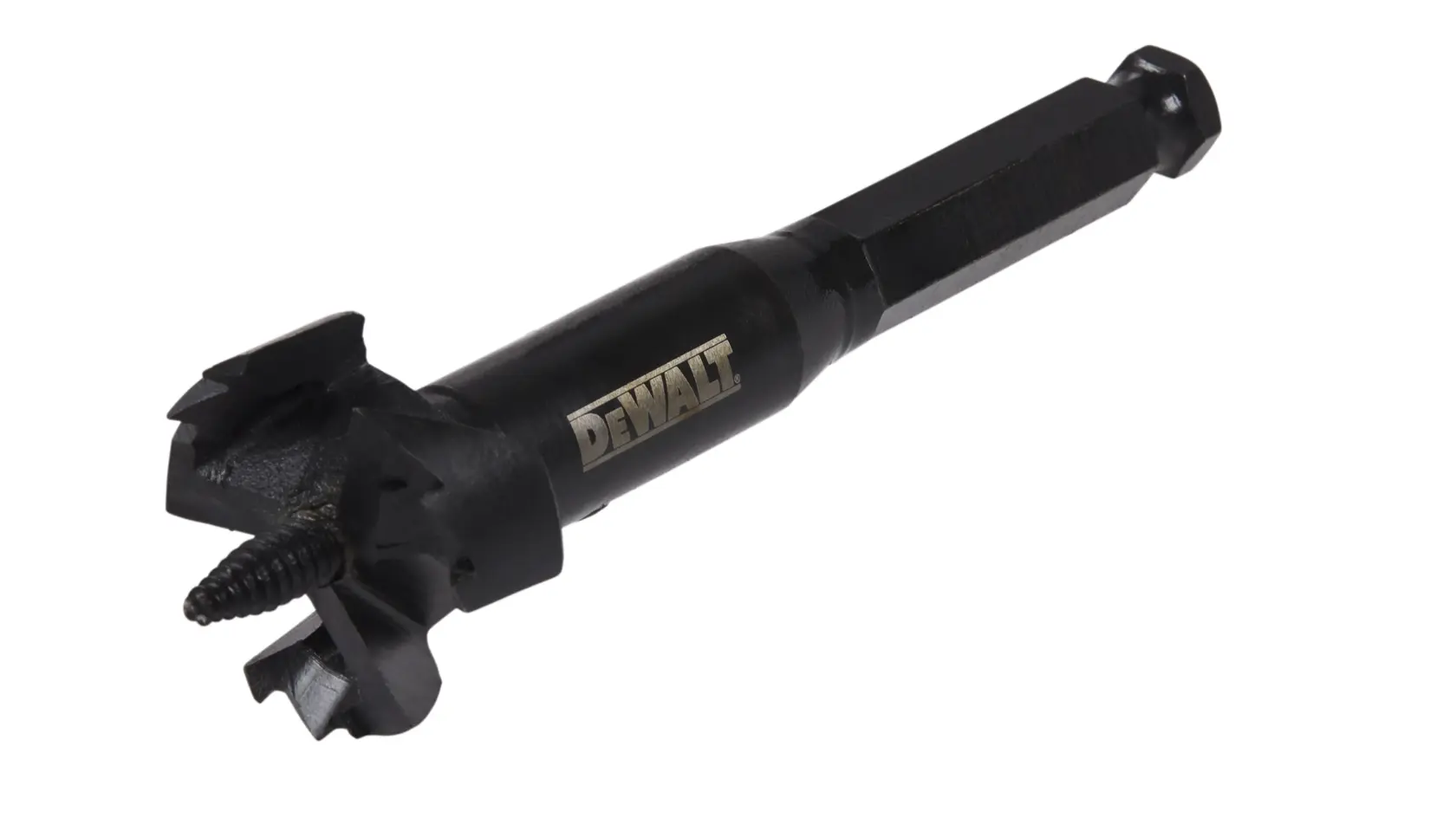 A DEWALT branded black drill bit with a hex shank and aggressive cutting edges, designed for wood drilling.