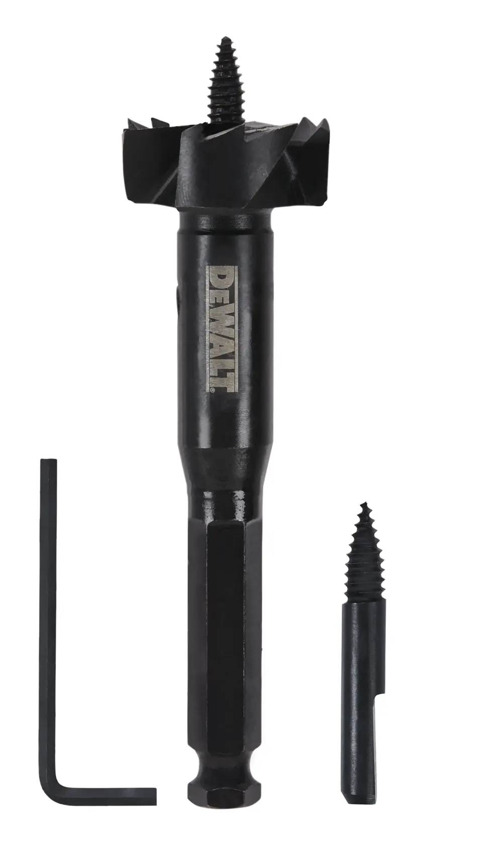 A DEWALT branded wood boring bit set, including a large black drill bit with a screw tip, a replacement screw tip, and a hex key, arranged on a white background.