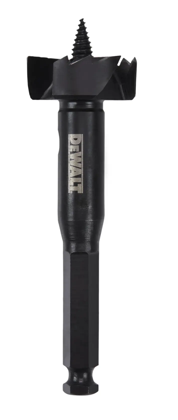 A DEWALT branded black wood boring drill bit, shown upright on a white background. The drill bit features a threaded tip and a wide cutting head for drilling large holes.