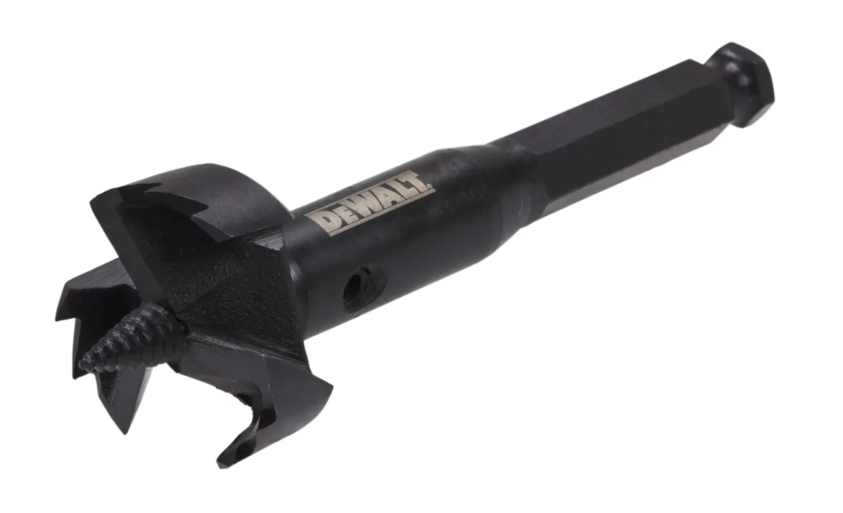 A close-up image of a DEWALT branded wood drill bit with a hex shank and cutting edges designed for making holes. The bit is black with a threaded tip for precision drilling.
