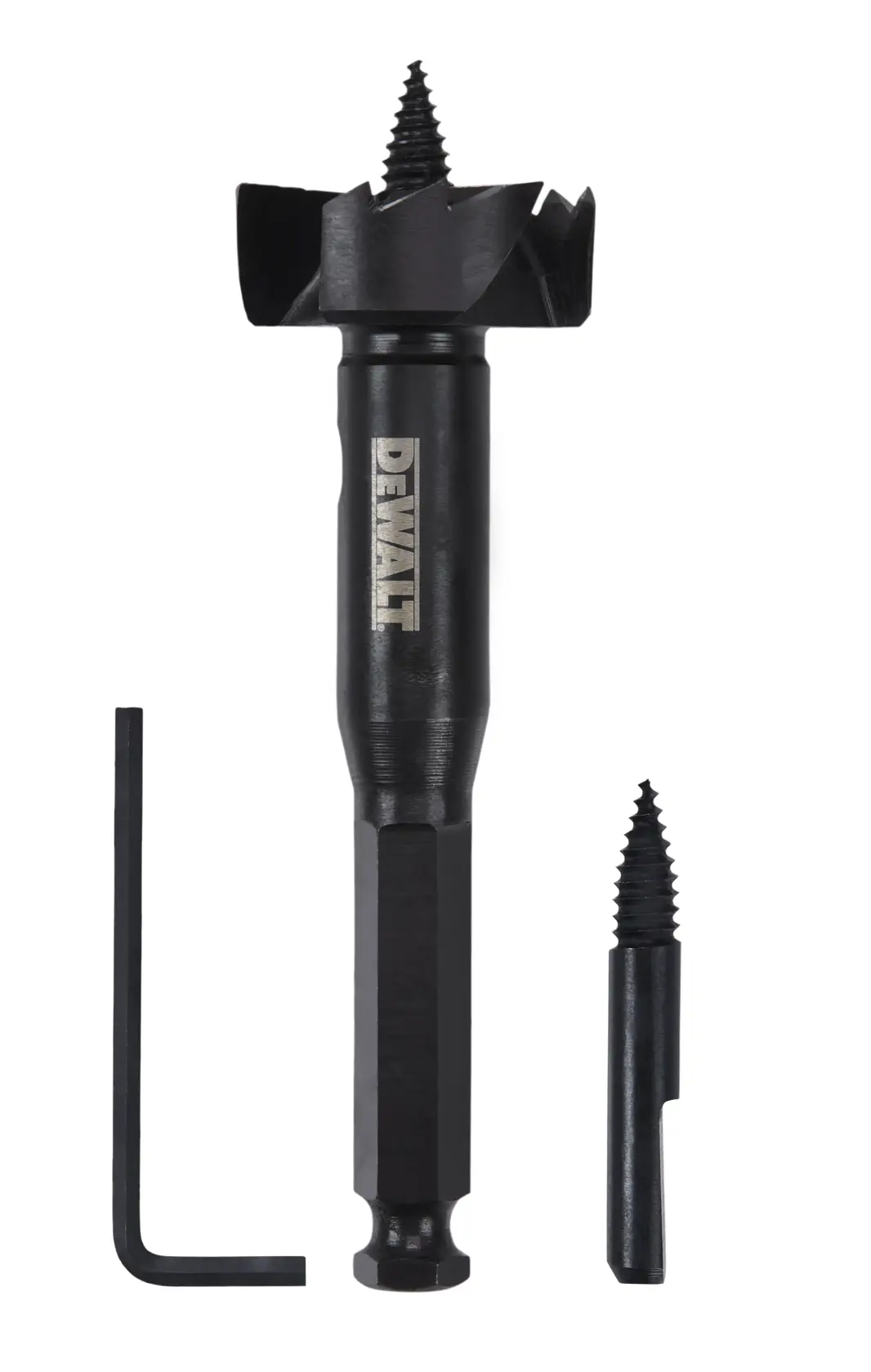 DEWALT drill bit set with a central bit, a hex key, and an extra screw tip, all placed on a white background.