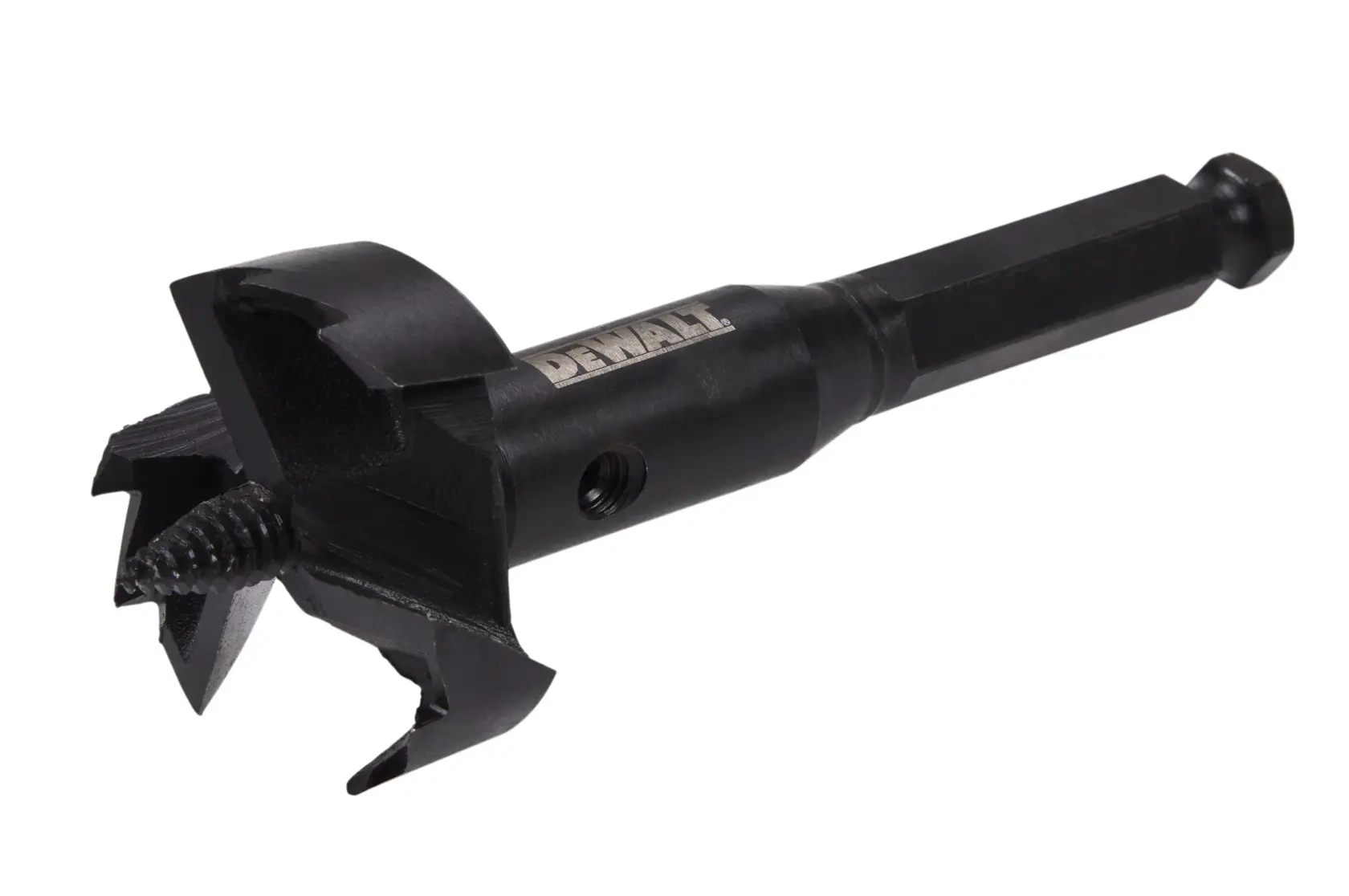 A DEWALT branded black wood drill bit with a hex shank and spurred cutting edges, designed for drilling large holes.
