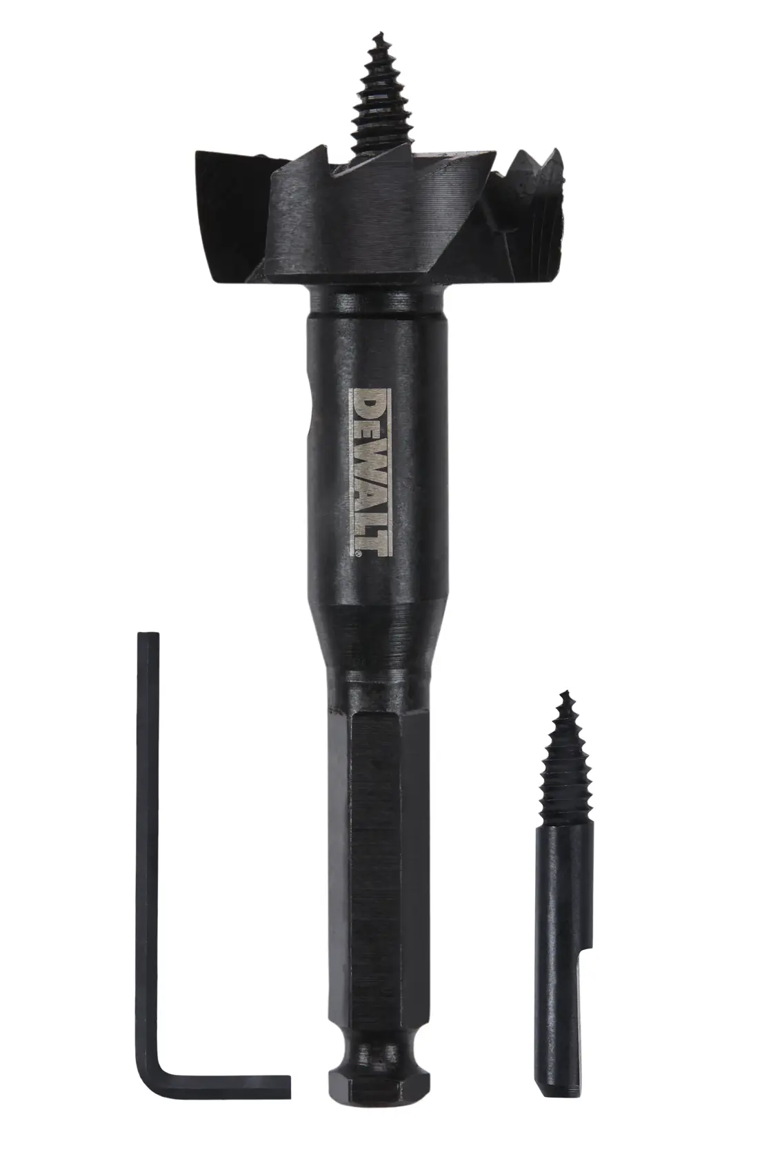 A DEWALT branded wood drill bit set, including a large black drill bit with a threaded tip, a hex key, and a smaller replacement threaded tip, all photographed against a white background.