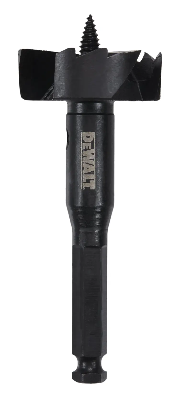 A DEWALT branded black wood drill bit with a hex shank and screw tip, designed for making large holes in wood.