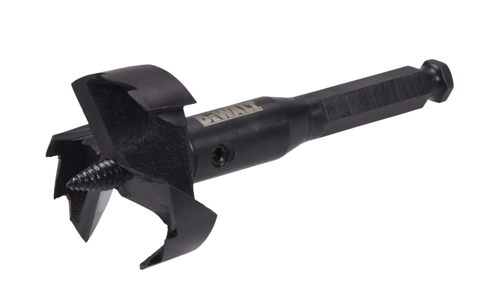 A DEWALT brand black wood drilling bit with a hex shank and aggressive cutting edges, photographed against a white background.
