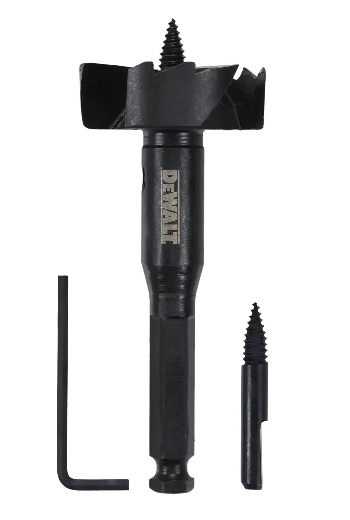 DEWALT hole saw set including a black hole saw bit with screw tip, a replacement screw tip, and an L-shaped hex key.