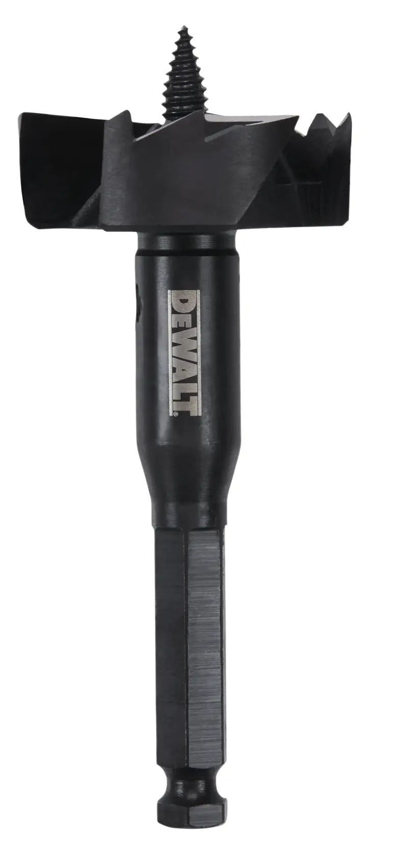 A DEWALT branded black wood drill bit with a hex shank and screw tip, designed for creating large holes.