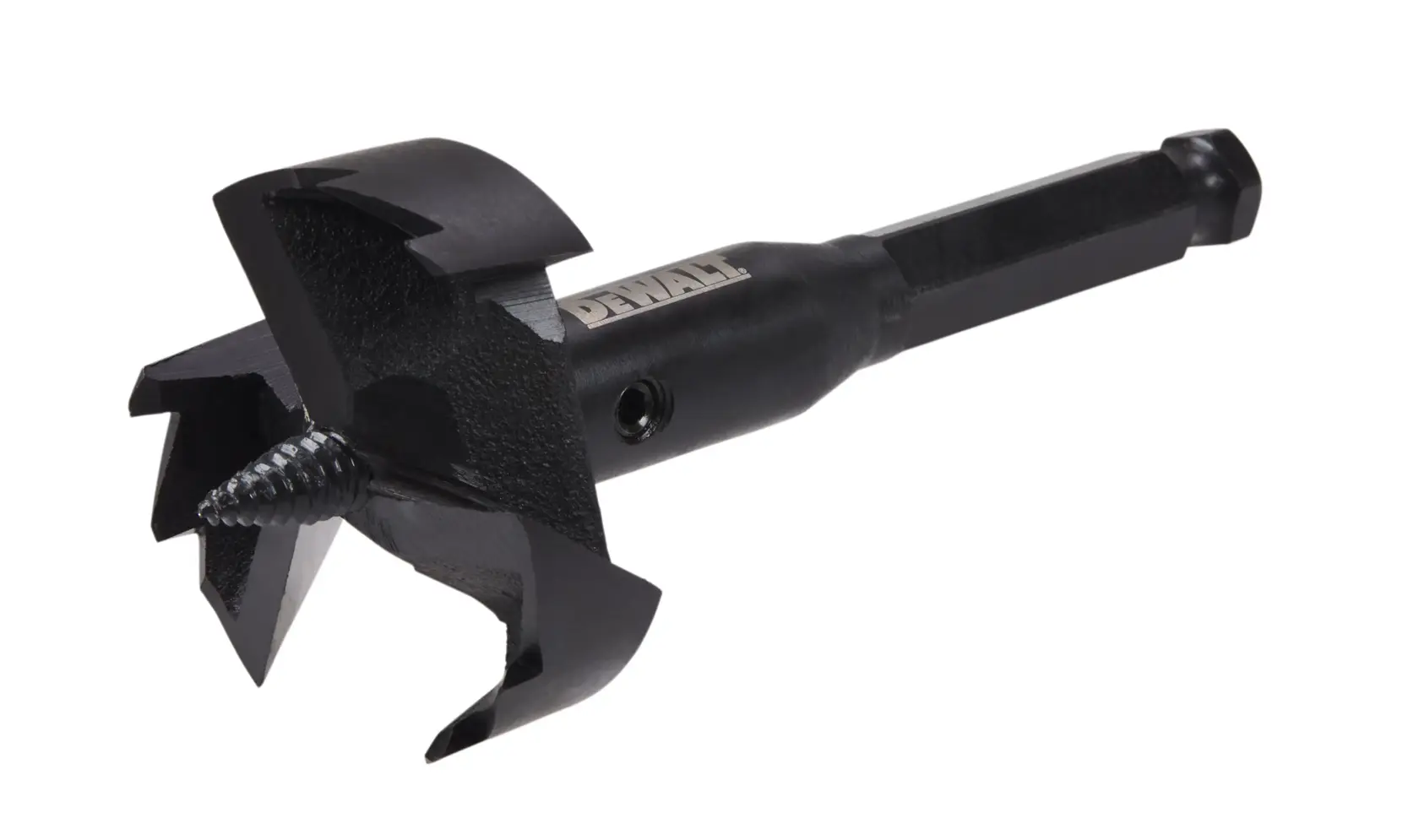 A close-up image of a DEWALT DW1637 woodworking drill bit for making large holes, featuring a hex shank and sharp cutting edges.