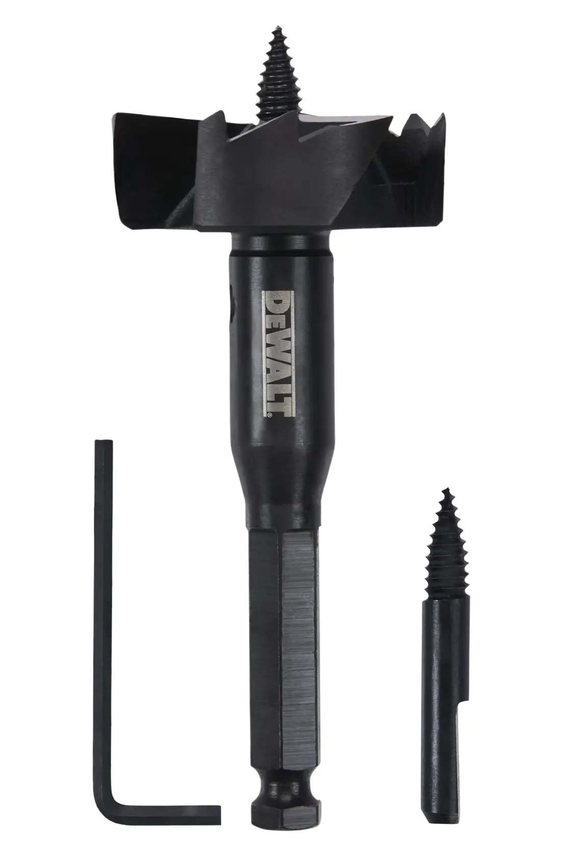 DEWALT large black drill bit with hex shank, replacement screw tip, and small hex key, arranged against a white background.