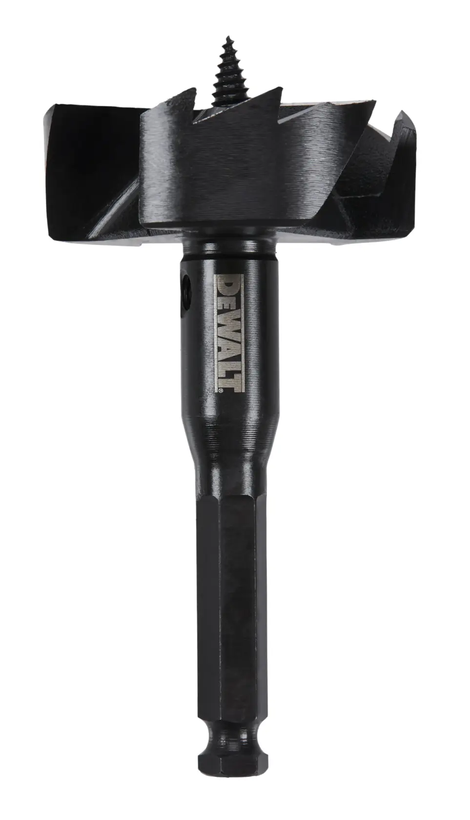 A DEWALT branded black wood boring bit with a coarse screw tip and large cutting blades, designed for power drilling applications.