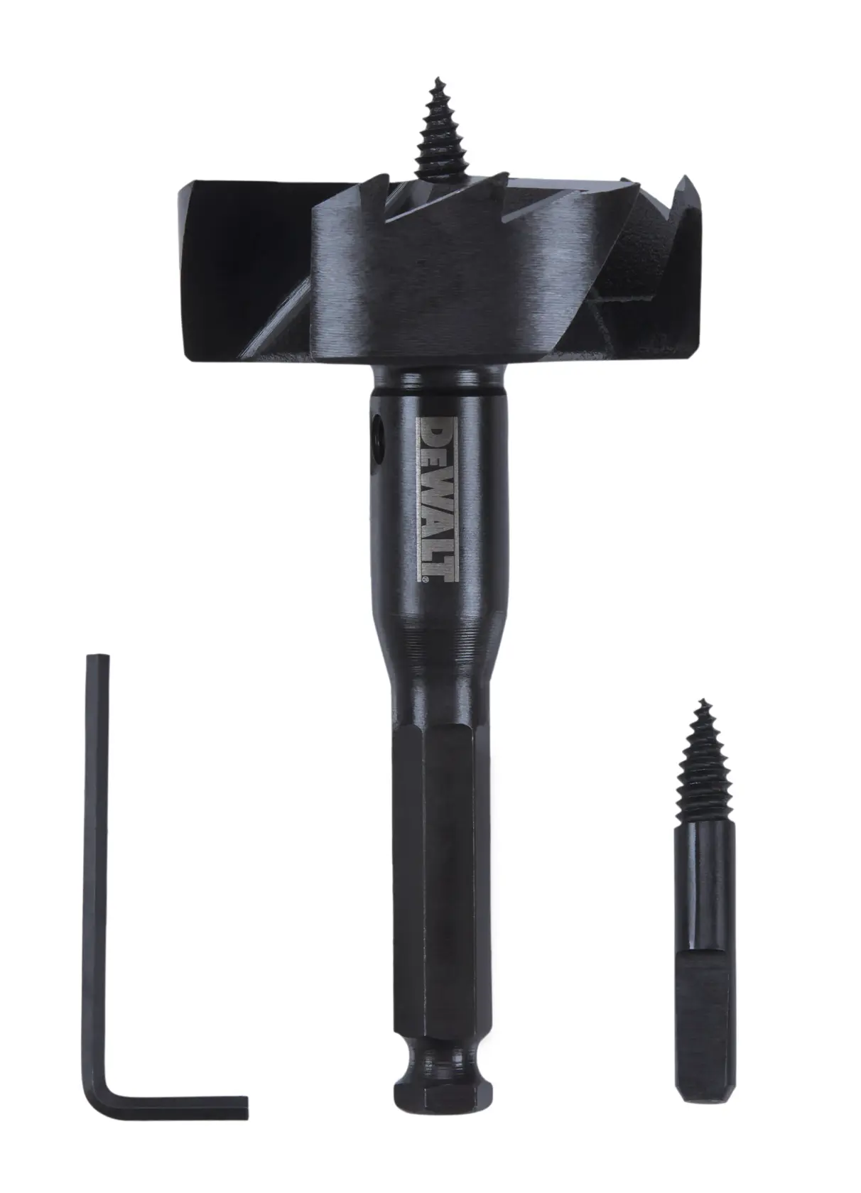 DEWALT wood drilling bit set including a large black drill bit with threaded tip, a replacement threaded tip, and an L-shaped hex key, arranged on a white background.