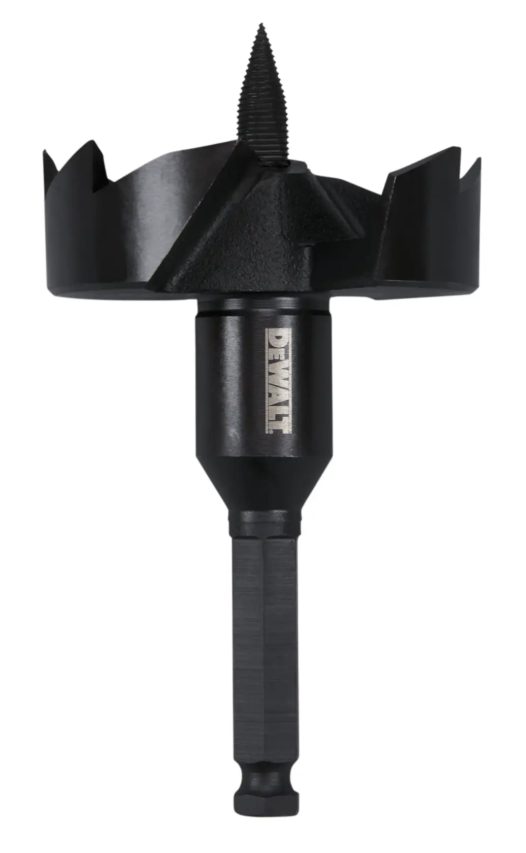 A DEWALT branded black hole saw drill bit with a central pilot screw and serrated cutting edges, designed for wood drilling.