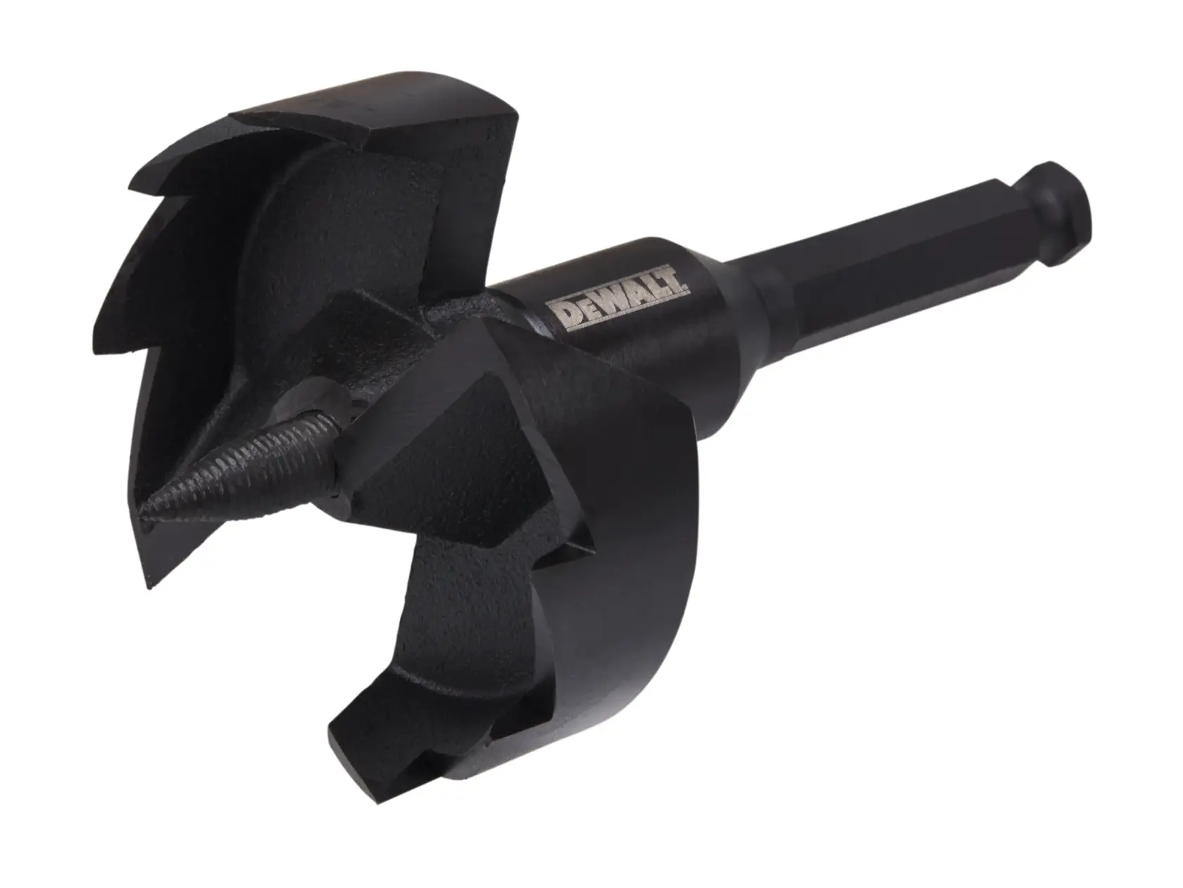 A DEWALT branded hole saw drill bit with a hex shank, made of black metal and designed for heavy-duty drilling.