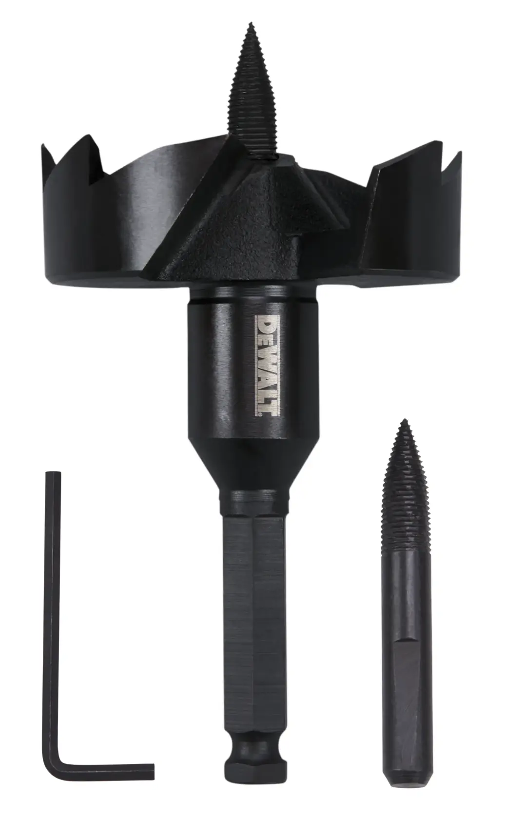 DEWALT hole saw kit, including a large round black metal hole saw with a central pilot bit, an extra pilot bit, and a hex key tool, displayed on a white background.