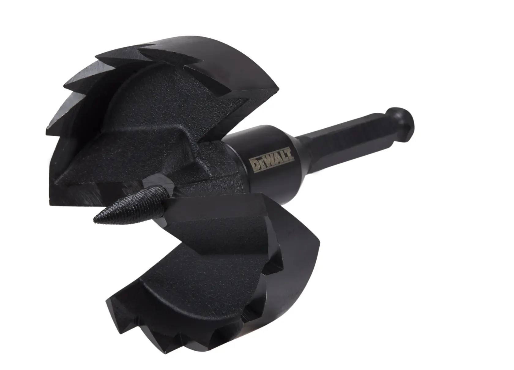 A DEWALT DW1641 black heavy-duty drill bit with a large cutting head and sharp teeth, used for boring holes in wood and other materials.