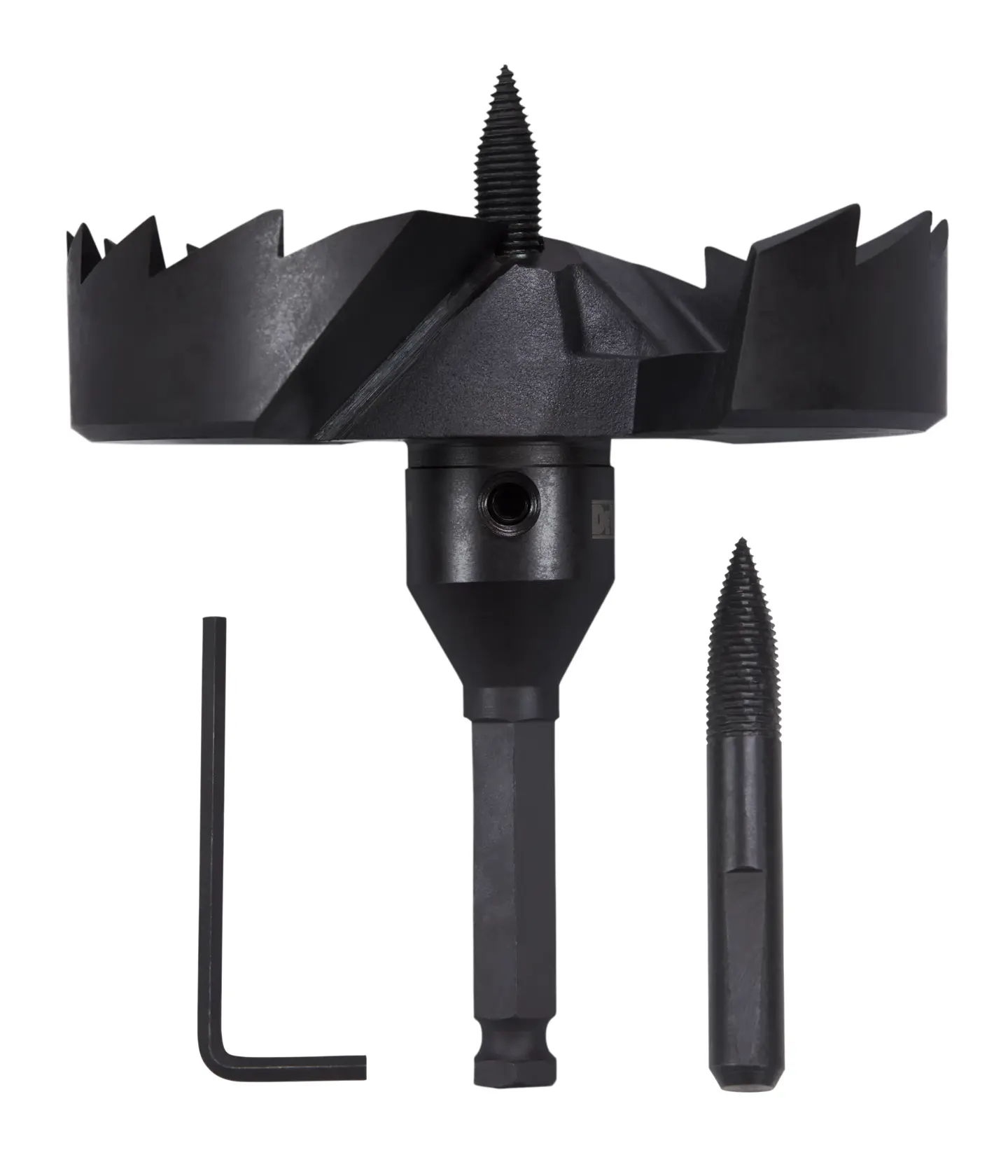 DEWALT DW1642 hole saw kit including a large circular saw blade with a threaded center, a hex key, and an additional threaded drill bit, displayed on a white background.