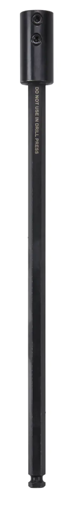 A long, black hex shank extension for drill bits, designed for use with power drills. The attachment has a cylindrical end with set screws for securing drill bits.