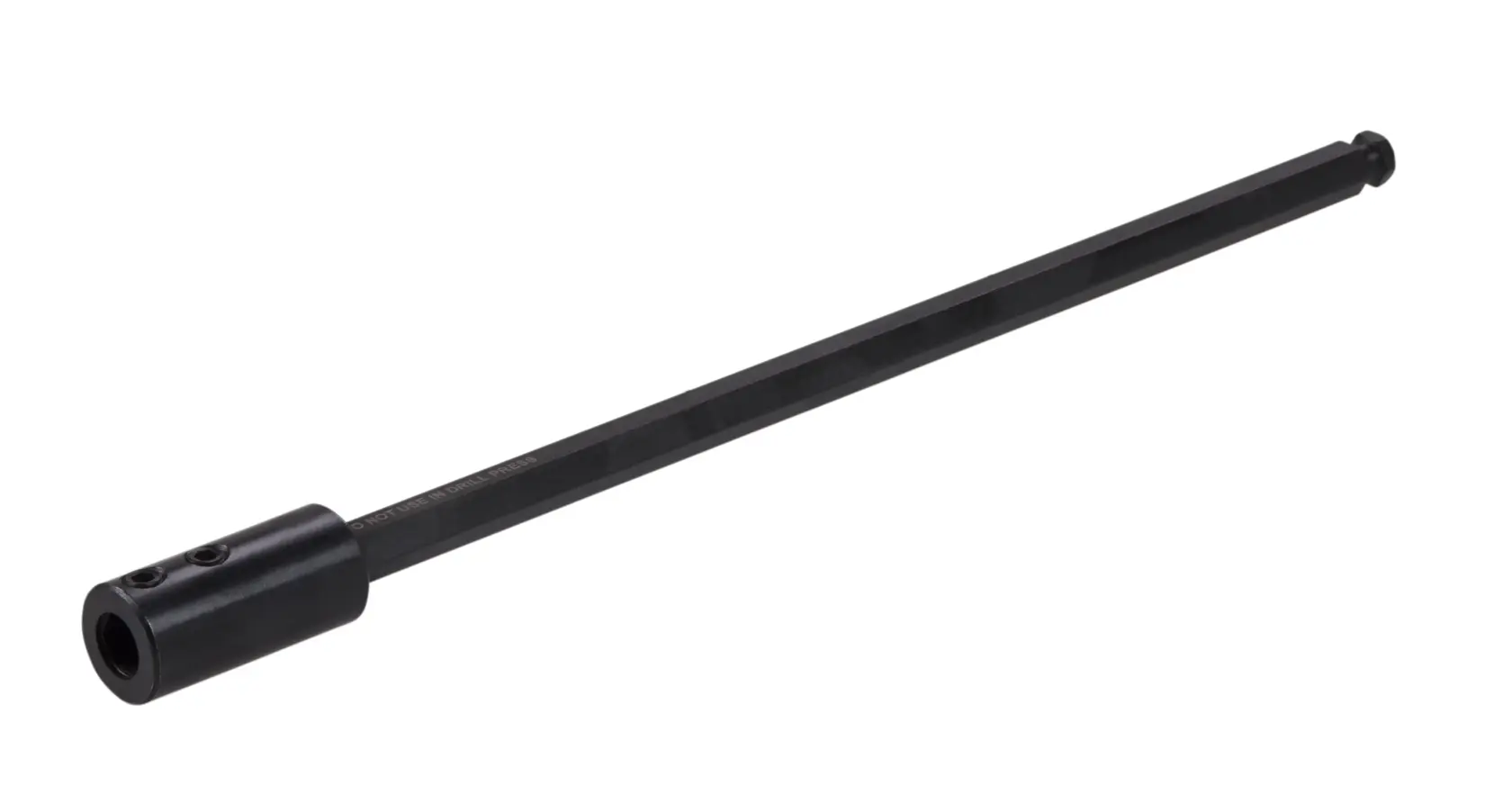 A long, black hex shank drill bit extension, designed for use with power drills to extend reach for drilling tasks.