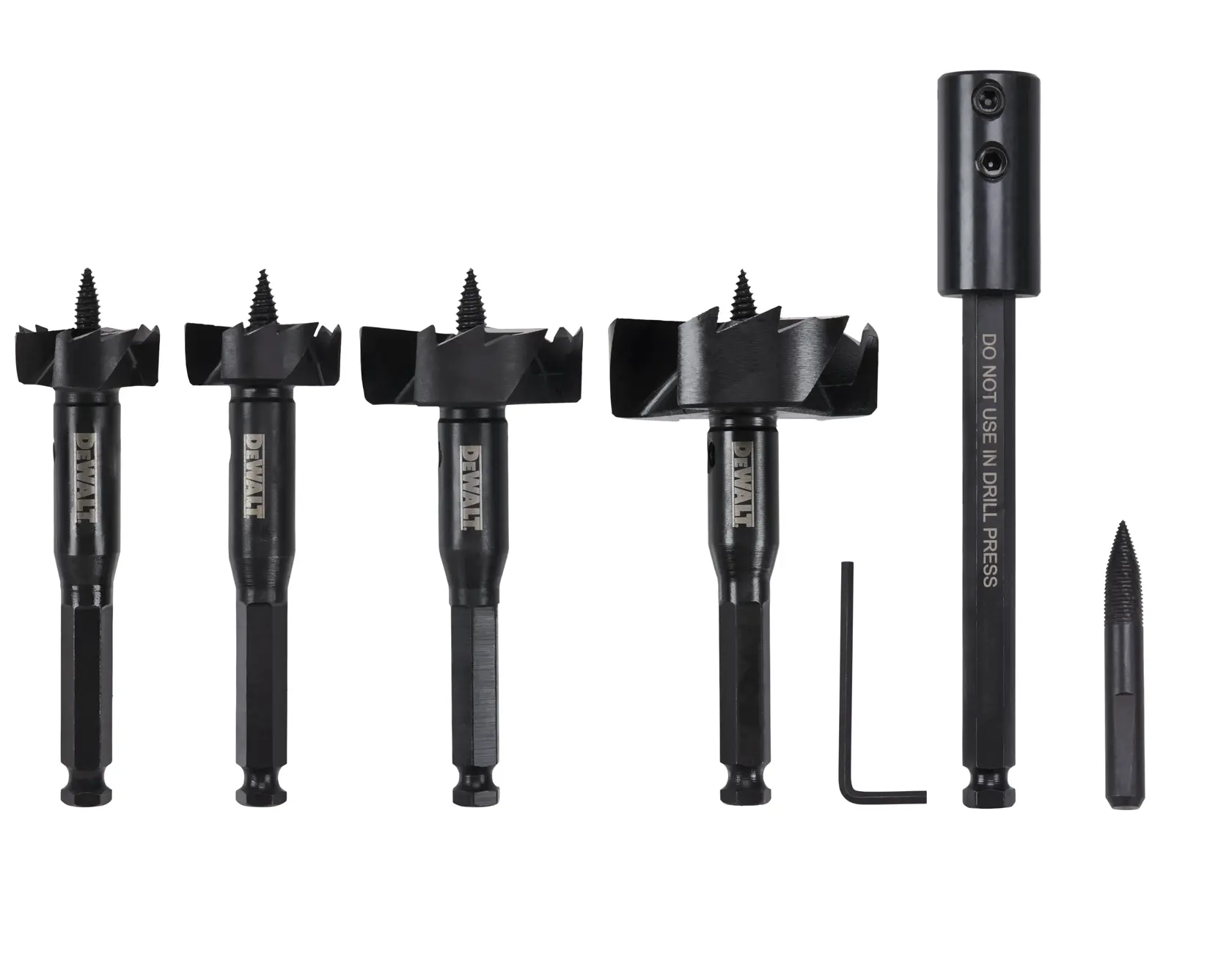 A set of DEWALT woodworking drill bits and accessories, including four large drill bits with a screw center, an extension bar, an Allen wrench, and a small threaded tool, all arranged vertically against a white background.