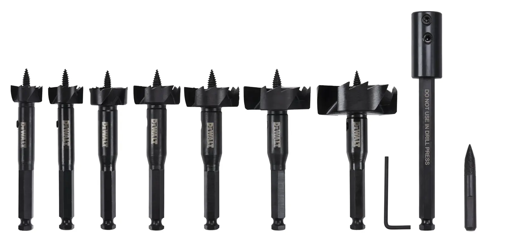 A DEWALT drill bit set consisting of seven different-sized drill bits, an extension bar, a hex key, and a center point bit, all laid out in a row on a white background.