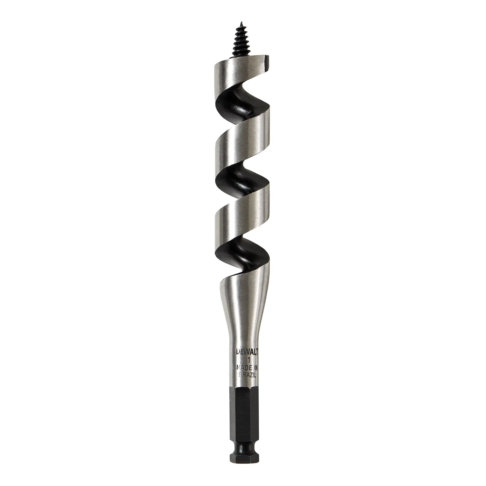 A DEWALT auger drill bit with a spiral design and hex shank, shown against a white background.