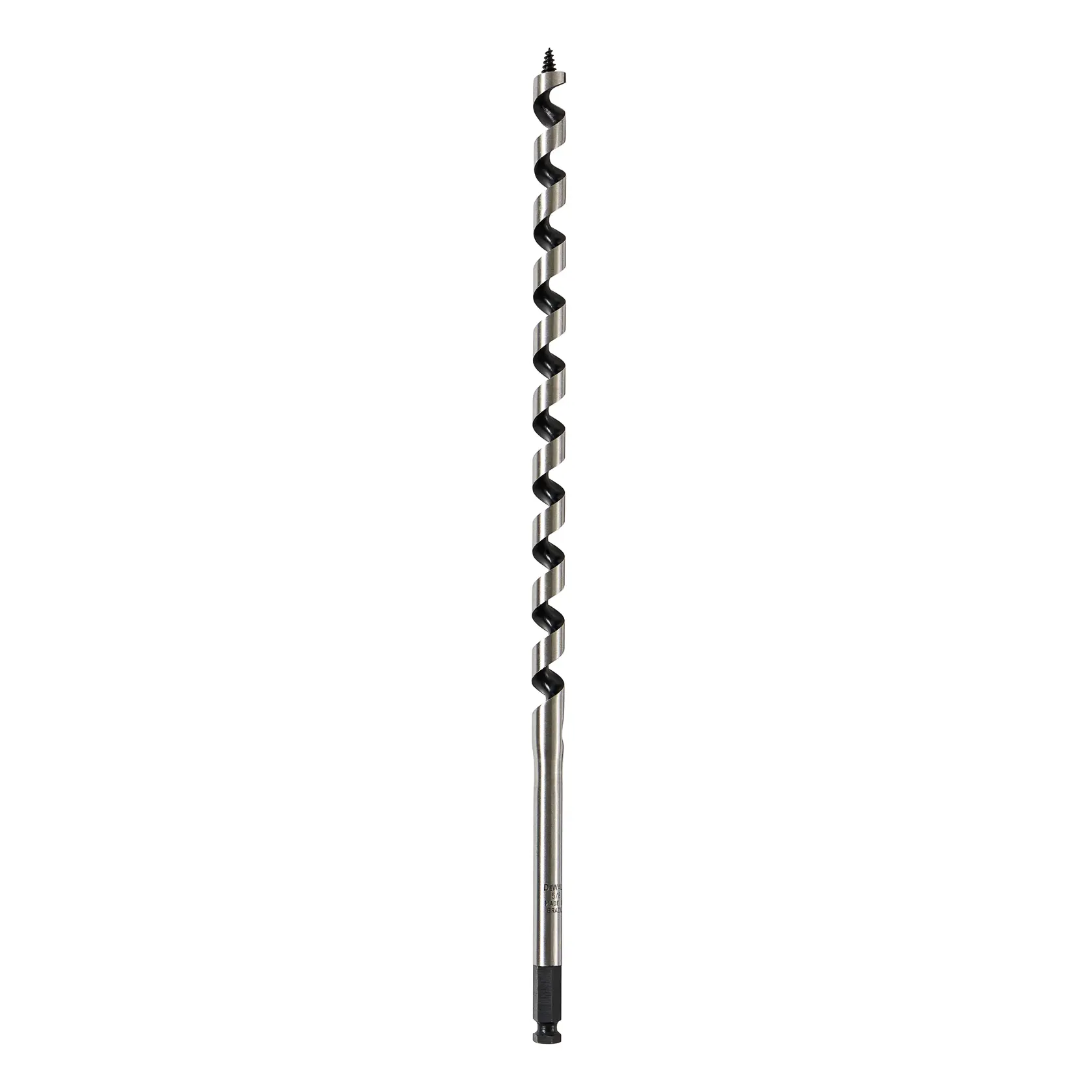 A long, spiral auger drill bit with a threaded tip and hex shank, designed for drilling into wood.