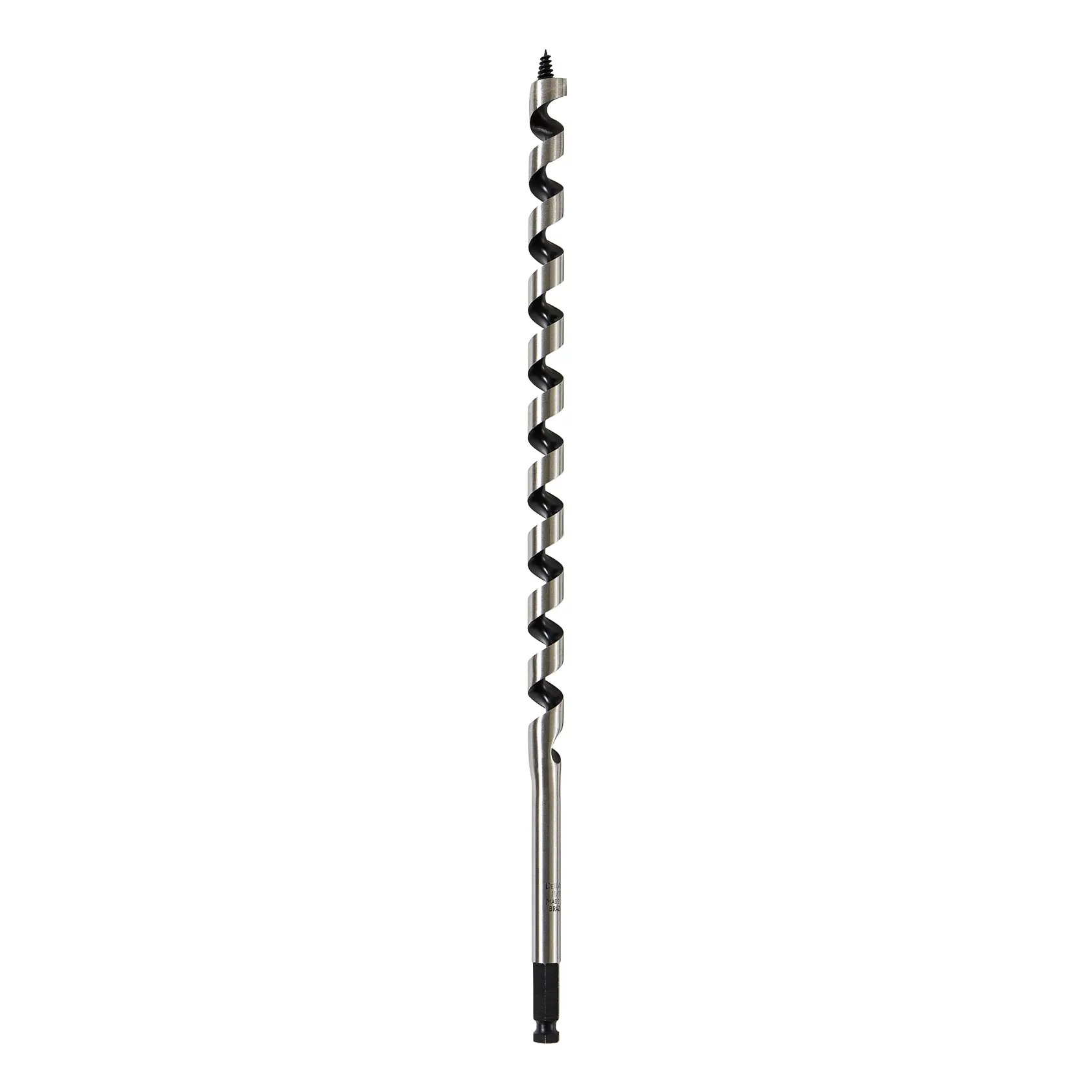 A long, spiral-shaped auger drill bit with a silver and black finish, designed for wood drilling.