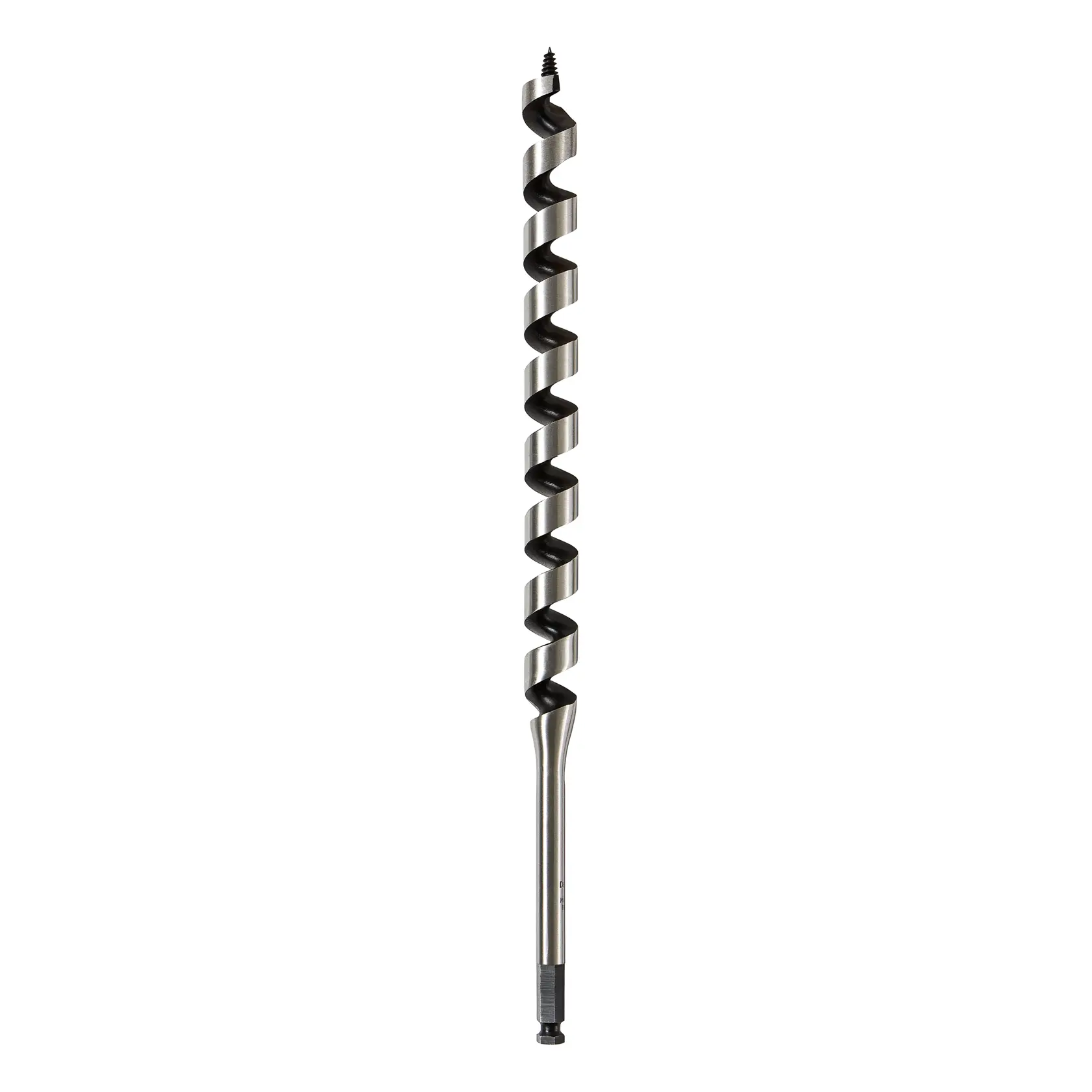 A close-up image of a DEWALT auger drill bit with a spiral design, shown vertically against a white background.