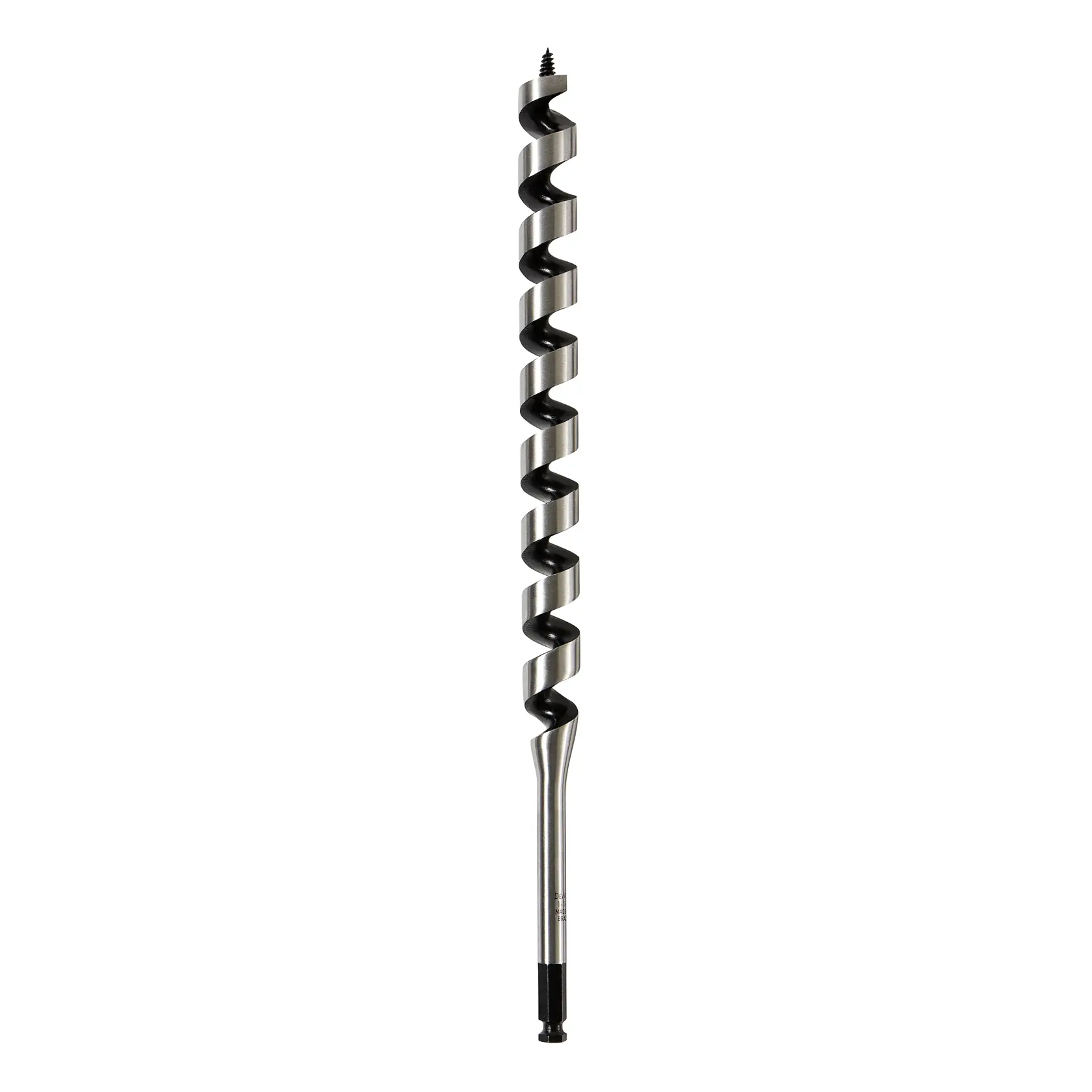 A long, metal auger drill bit with a spiral design, suitable for making deep holes in wood, shown against a white background.