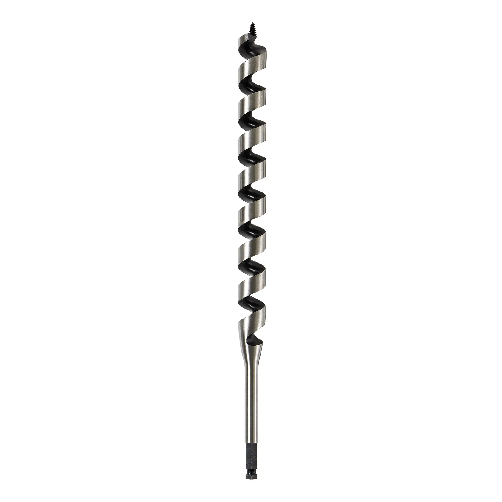 A metal auger drill bit with a spiral flute and a threaded tip, designed for drilling into wood, shown against a white background.