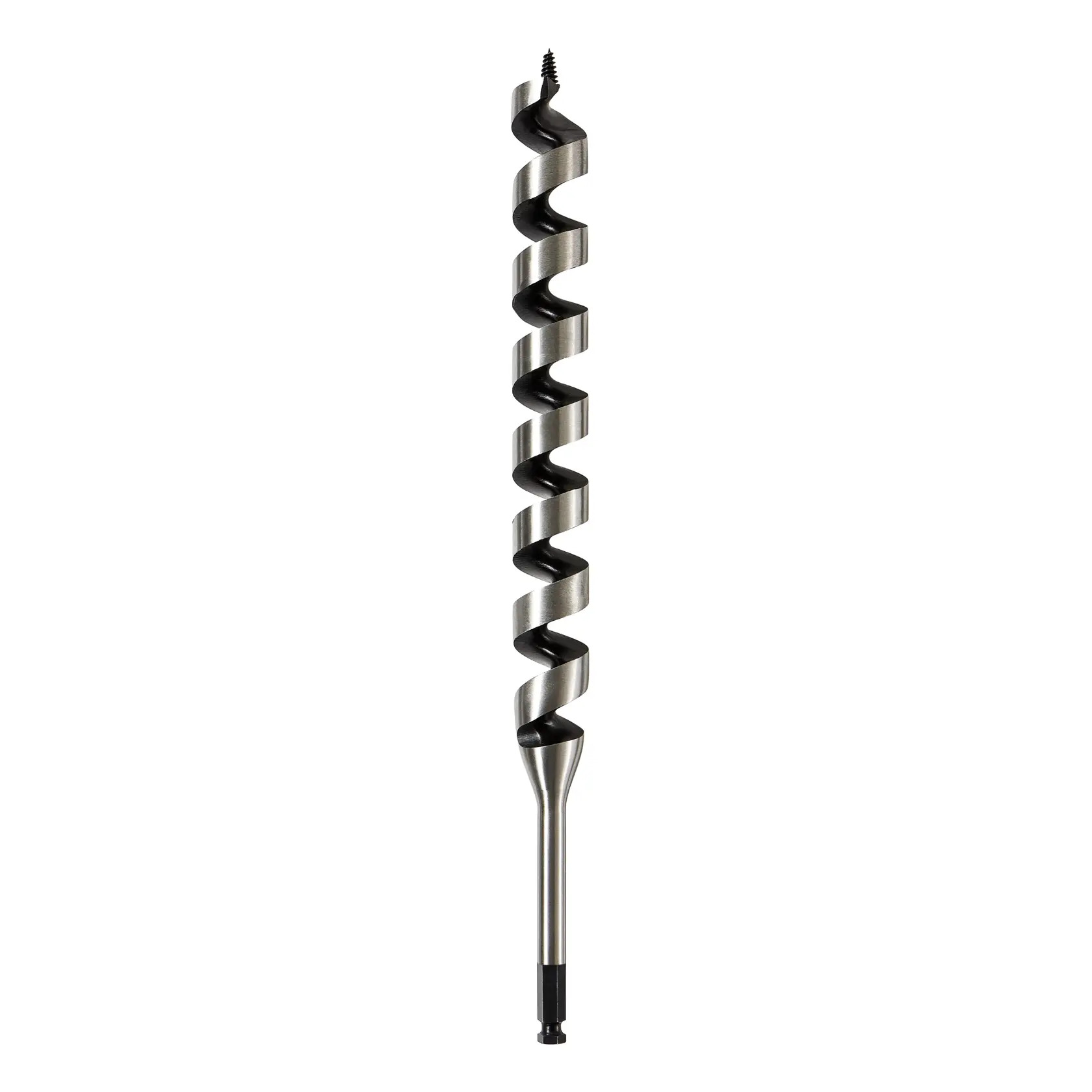 A single metal auger drill bit with a spiral flute design, shown vertically on a white background.
