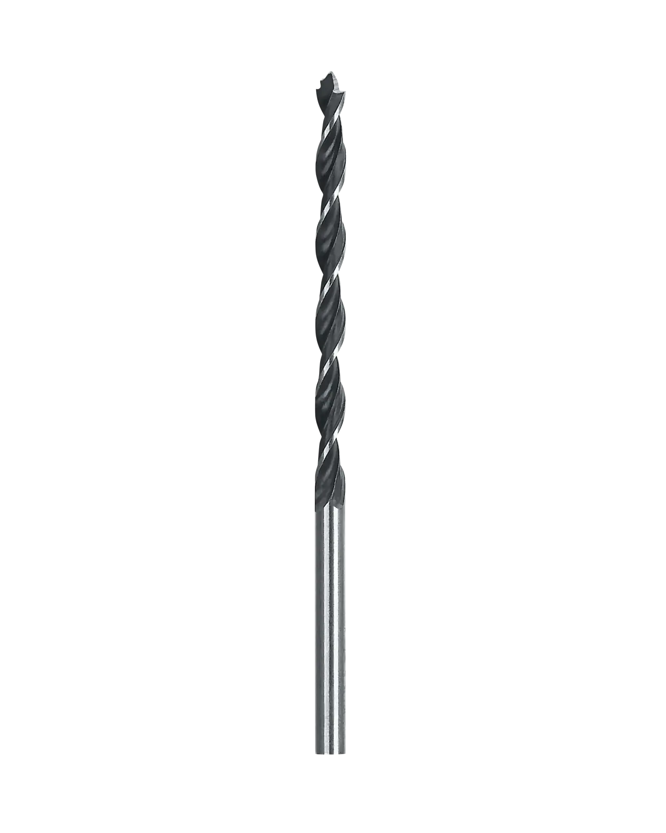 A single metal drill bit with a twisted design, shown upright against a white background.
