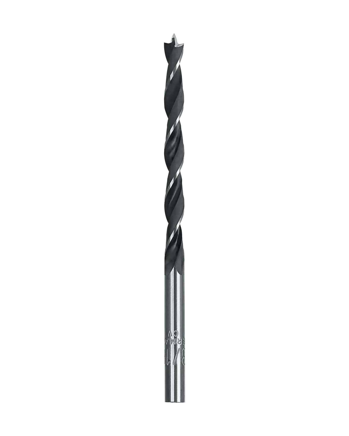 A close-up image of a metal drill bit with a twisted design, used for drilling holes in materials such as wood or metal. The background is plain white.