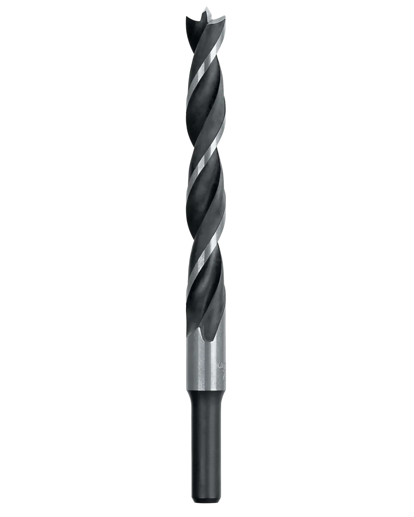 A close-up image of a DEWALT wood boring drill bit with a spiral flute design and sharp pointed tip, used for drilling holes in wood.