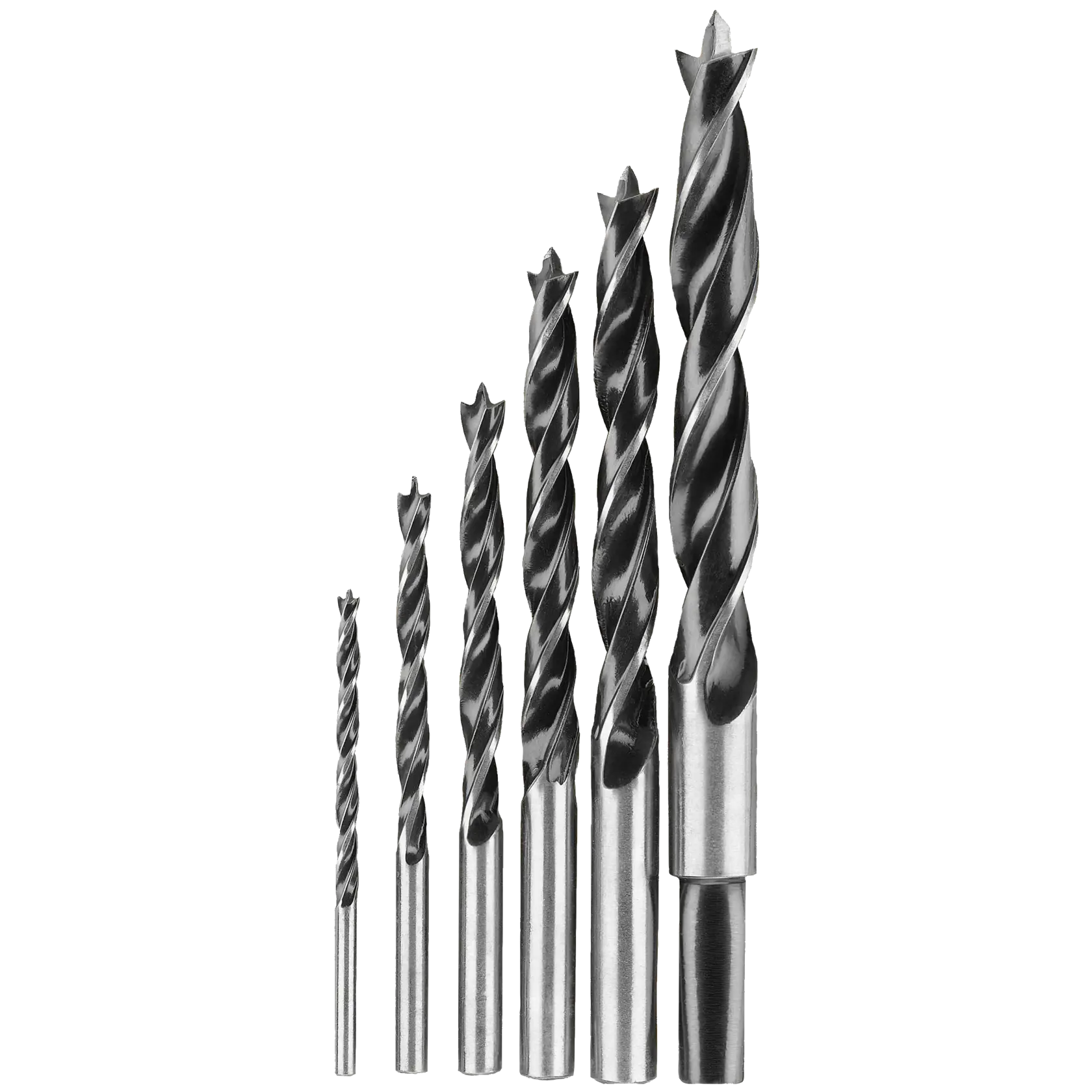 A set of six DEWALT wood drill bits of varying sizes, arranged vertically in order from smallest to largest, with spiral flutes and pointed tips.