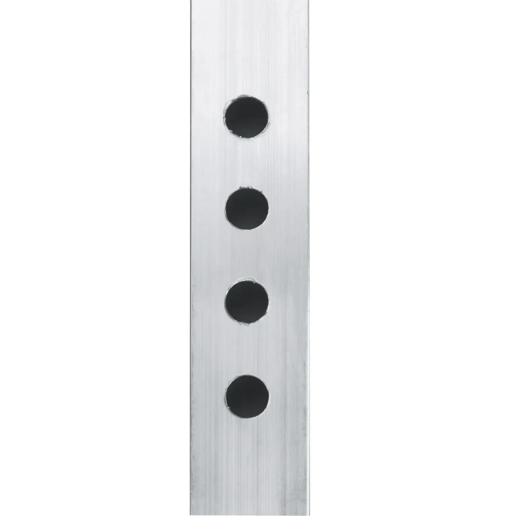 A close-up view of a metal bar with four evenly spaced circular holes along its length, shown against a white background.