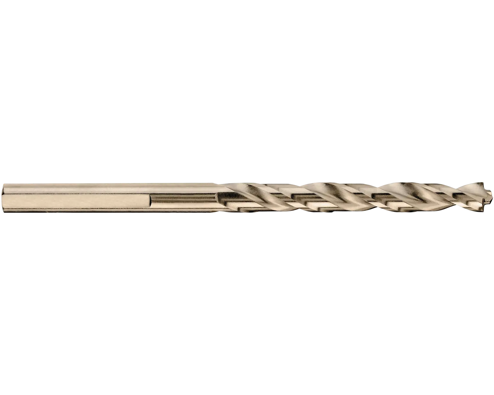A close-up image of a metallic drill bit, featuring a cylindrical shape with spiral grooves and a pointed tip, used for drilling holes.