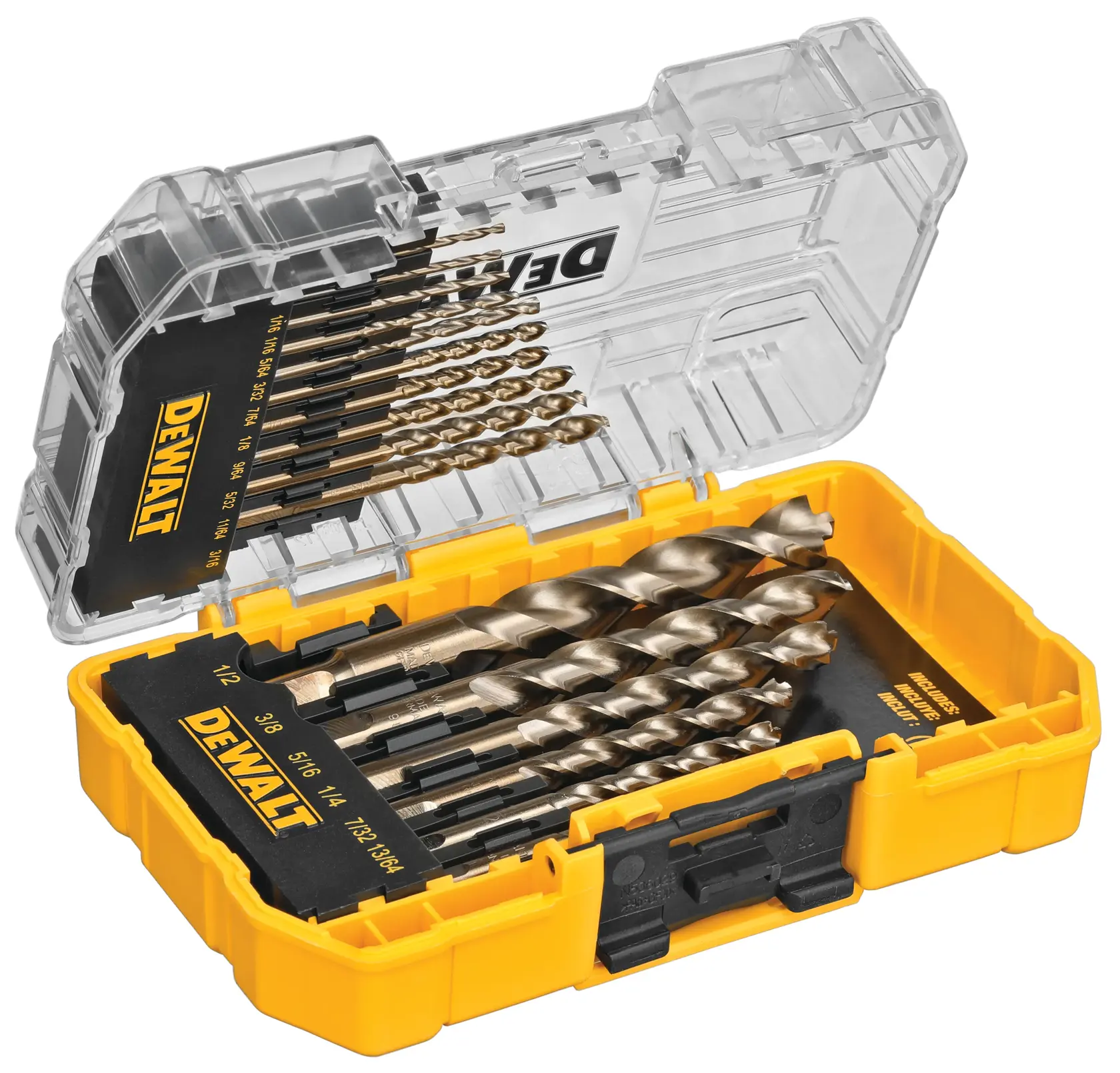 A DEWALT yellow and black plastic case containing a set of drill bits with sizes labeled. The case is open, displaying multiple metal drill bits organized in slots.