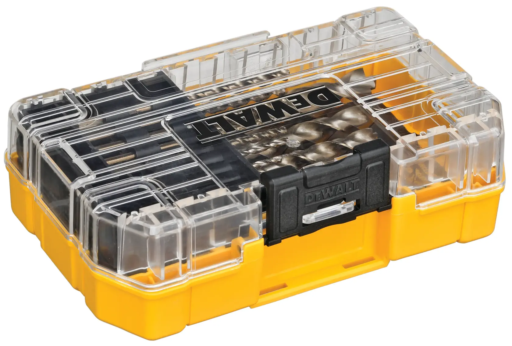 A DEWALT drill bit set in a yellow and transparent plastic storage case with a black latch.