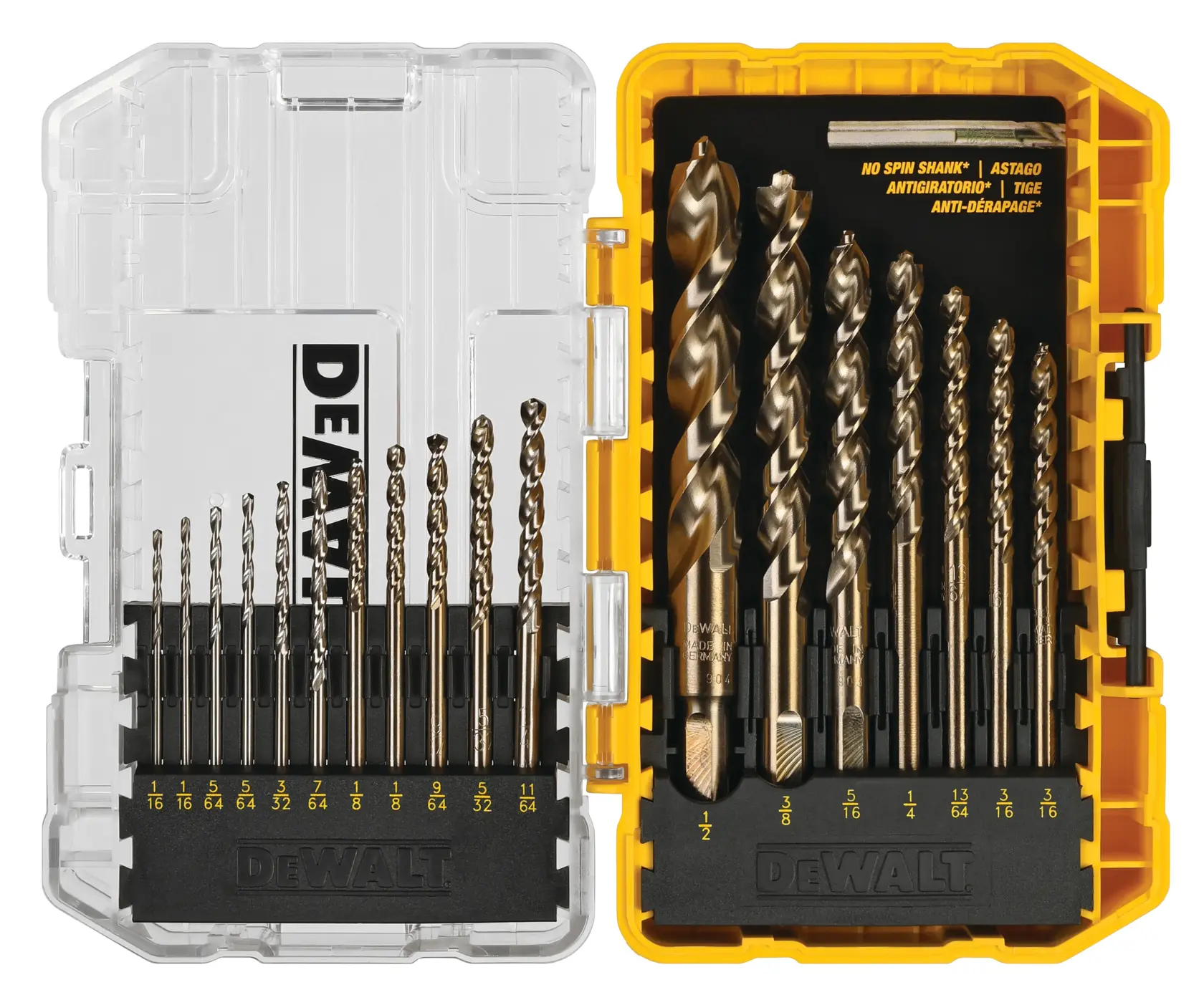 A DEWALT drill bit set in a clear and yellow plastic case, with multiple drill bits of various sizes neatly organized in two rows.