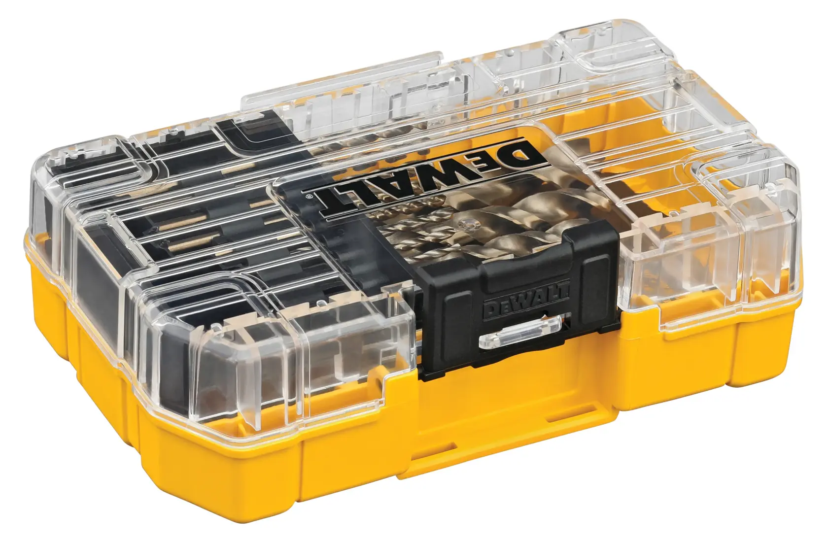 A DeWalt branded yellow and black plastic storage case with a clear lid, containing drill bits and accessories arranged inside.