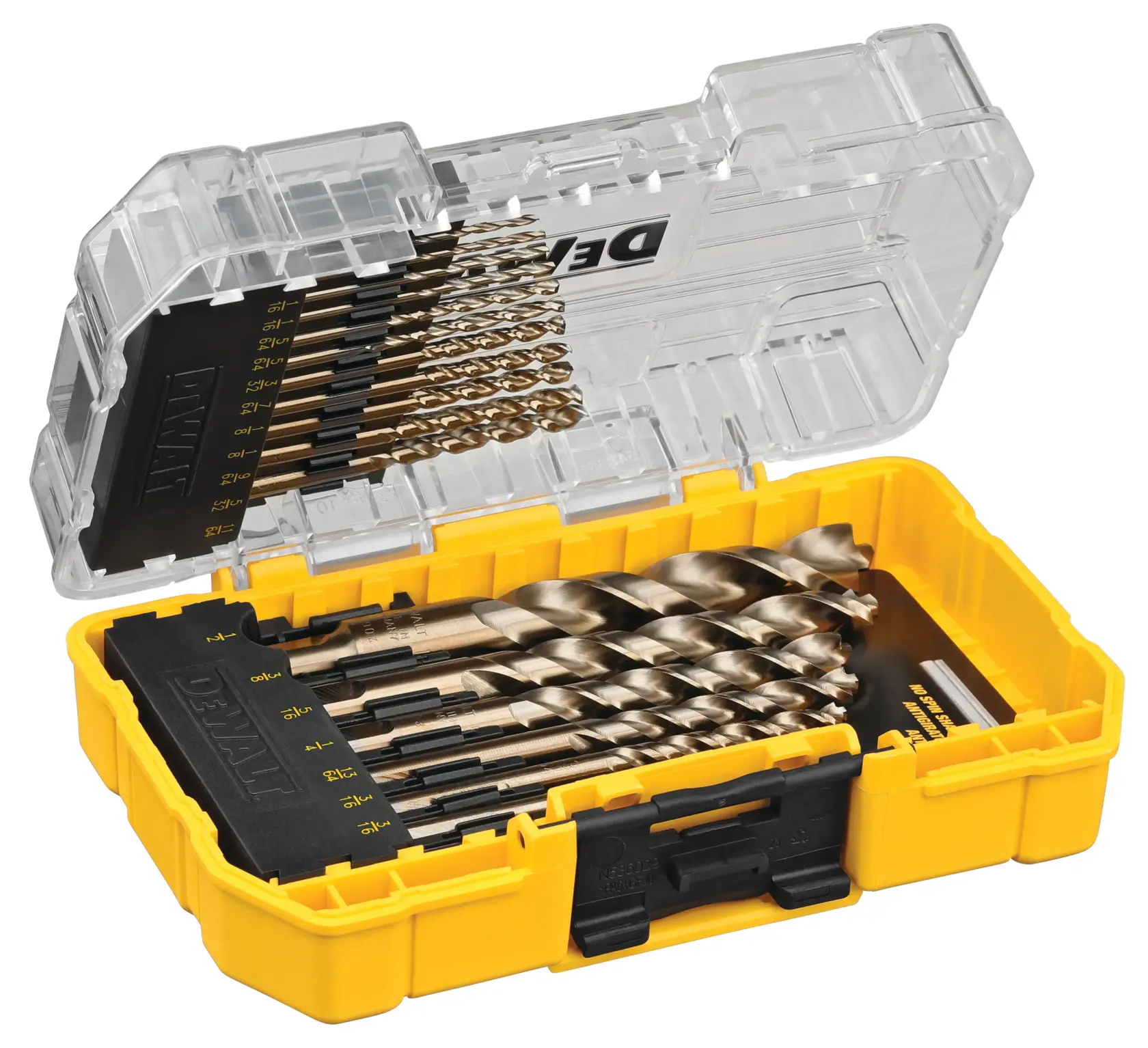 A set of DEWALT drill bits in a yellow and black plastic storage case with a transparent lid, showing various sizes neatly organized.