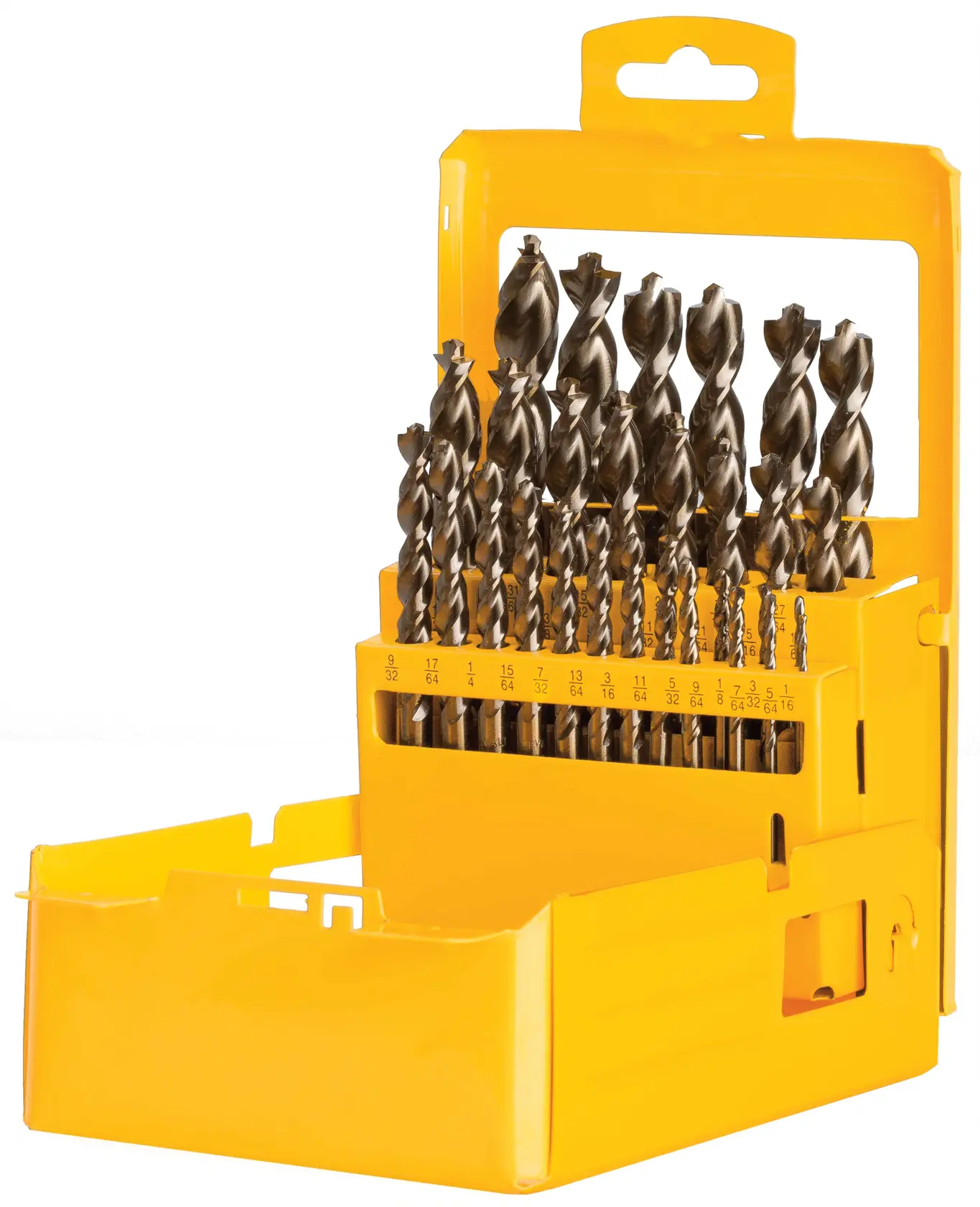 A yellow plastic case containing a DEWALT set of drill bits, organized in rows with size labels visible on the holder.