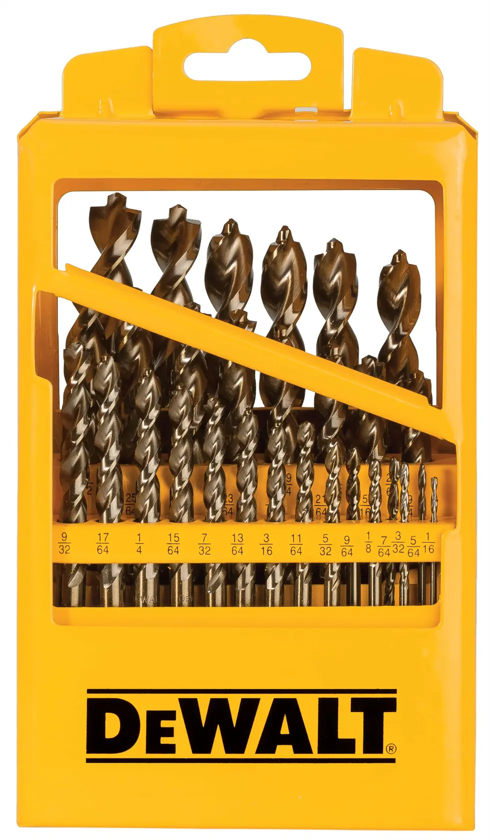 A yellow DEWALT drill bit set case containing multiple metal drill bits of various sizes organized in rows.