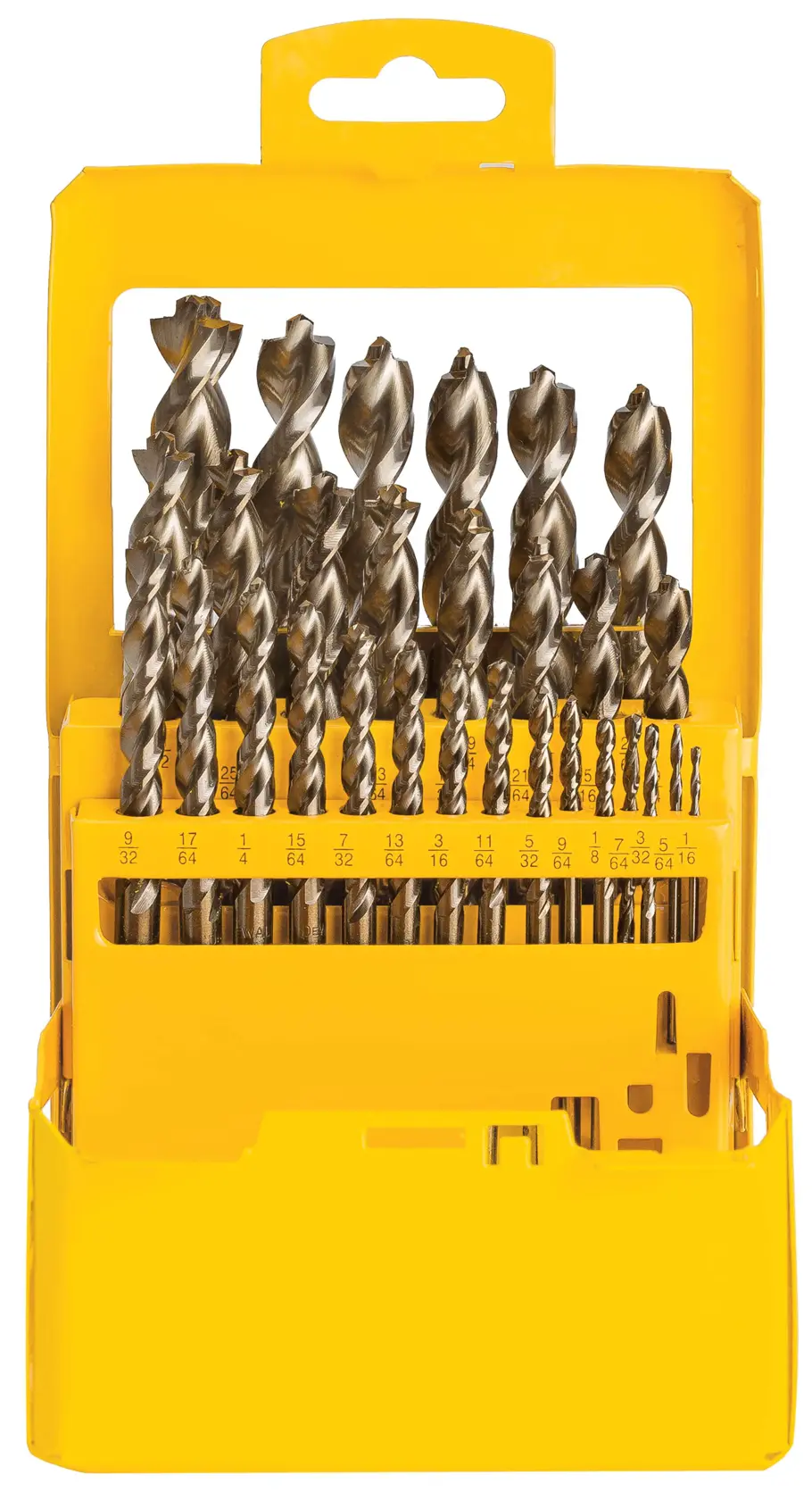 A yellow plastic case containing a set of metal drill bits of various sizes arranged in rows.
