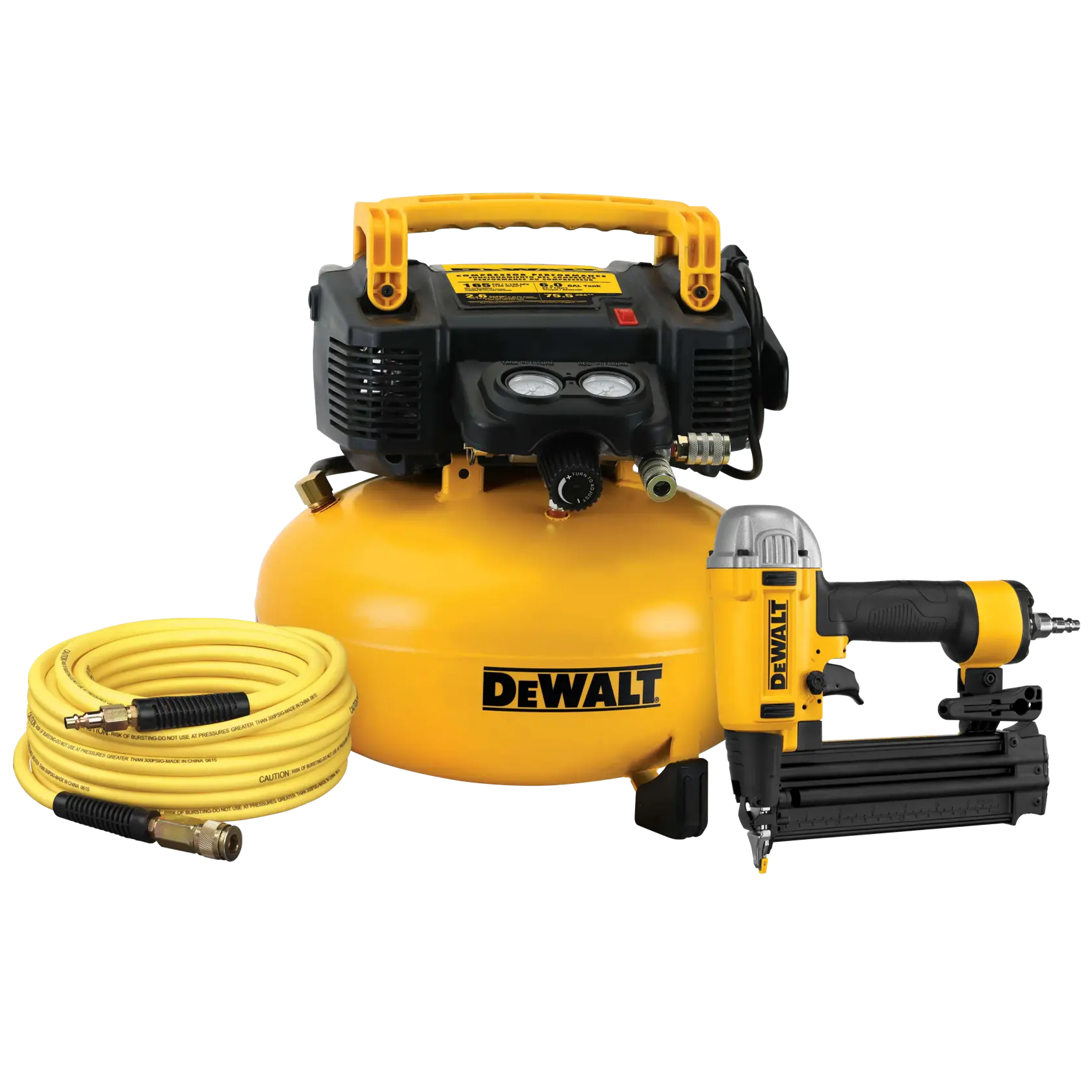 DEWALT air compressor kit containing a yellow and black pancake air compressor, a yellow air hose, and a yellow and black nail gun.