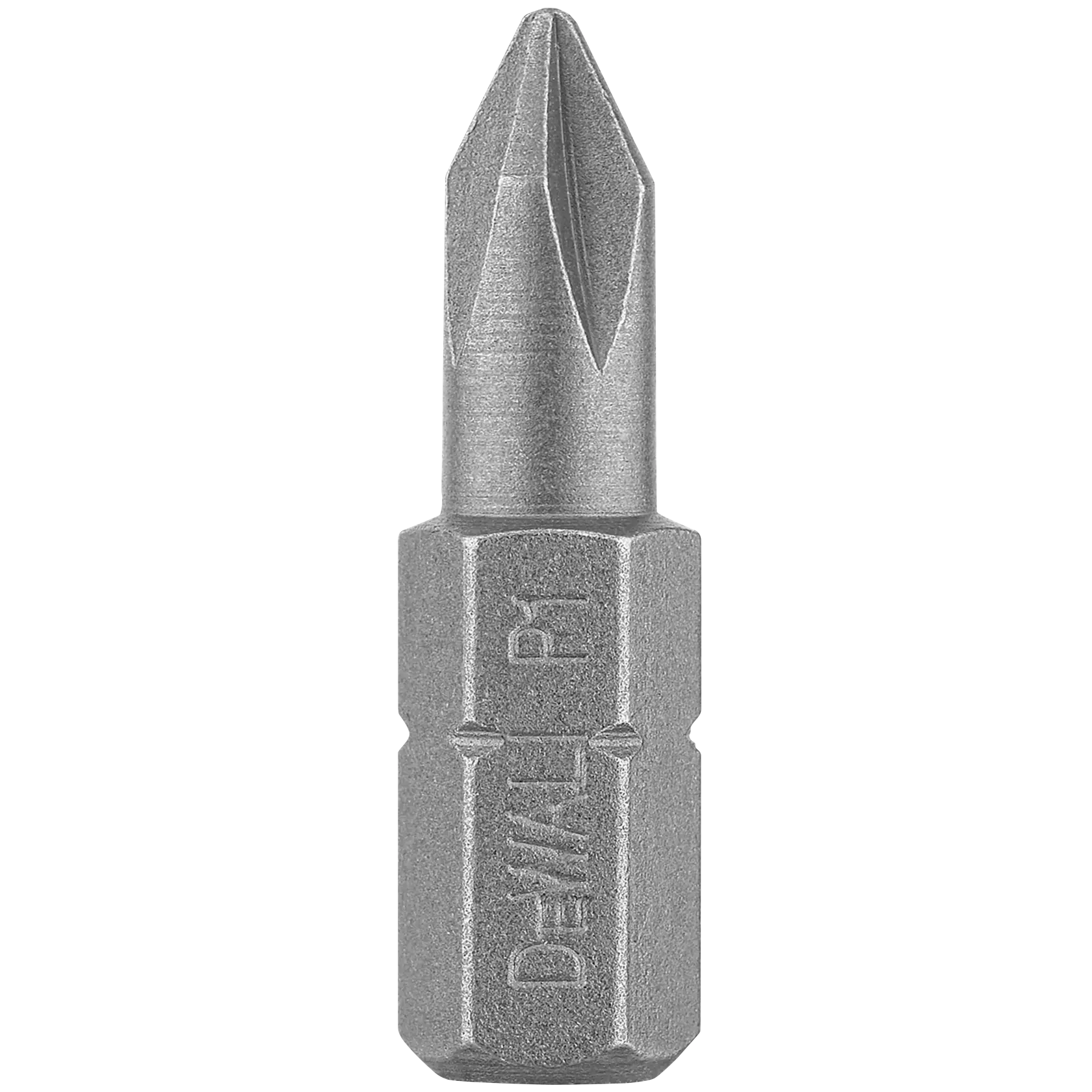 A close-up image of a DEWALT Phillips screwdriver bit, marked with 'DEWALT P1', made of metal and designed for use with power tools.