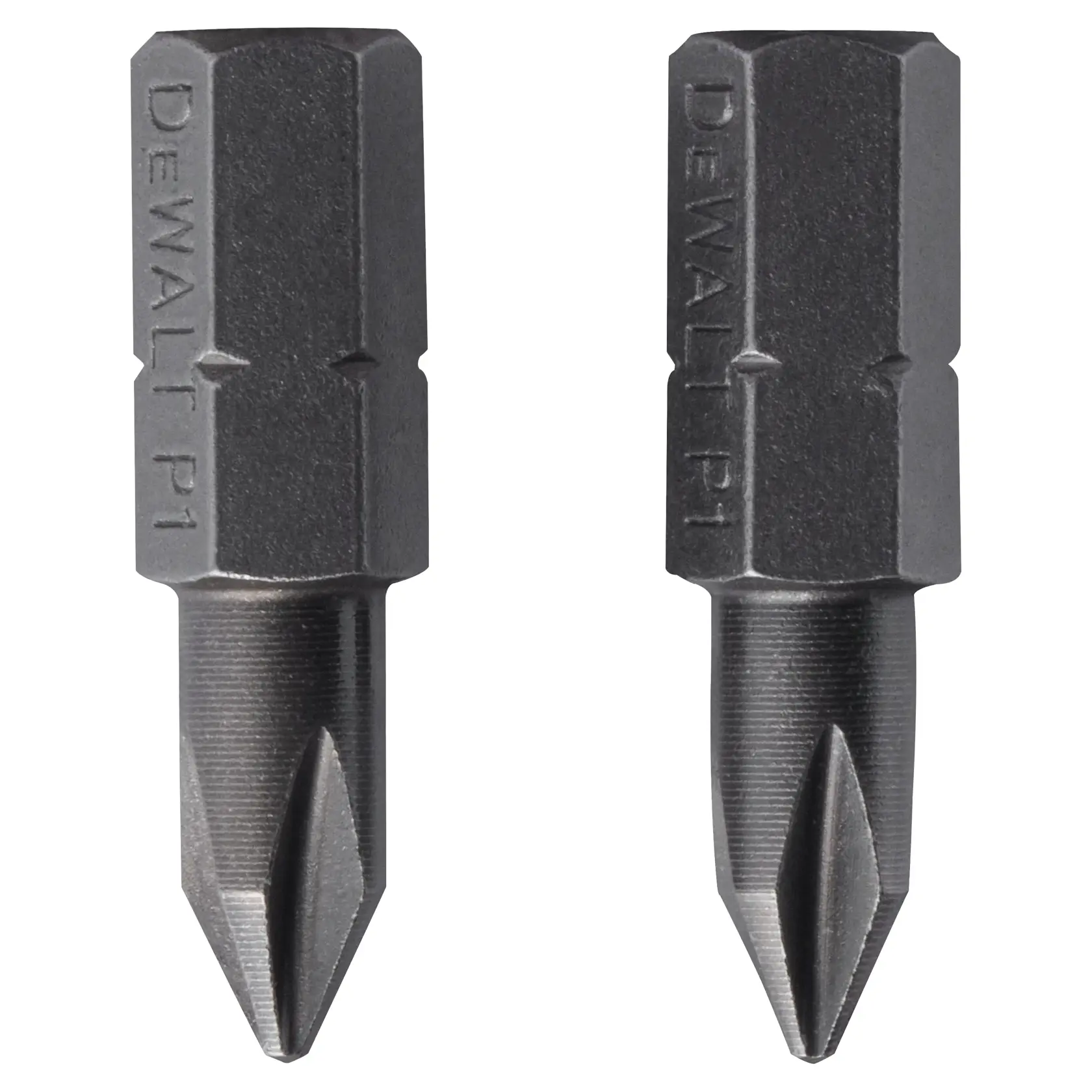 Two DEWALT P1 screwdriver bits shown side by side, with a hexagonal shape and a Phillips head tip, designed for use with power tools.
