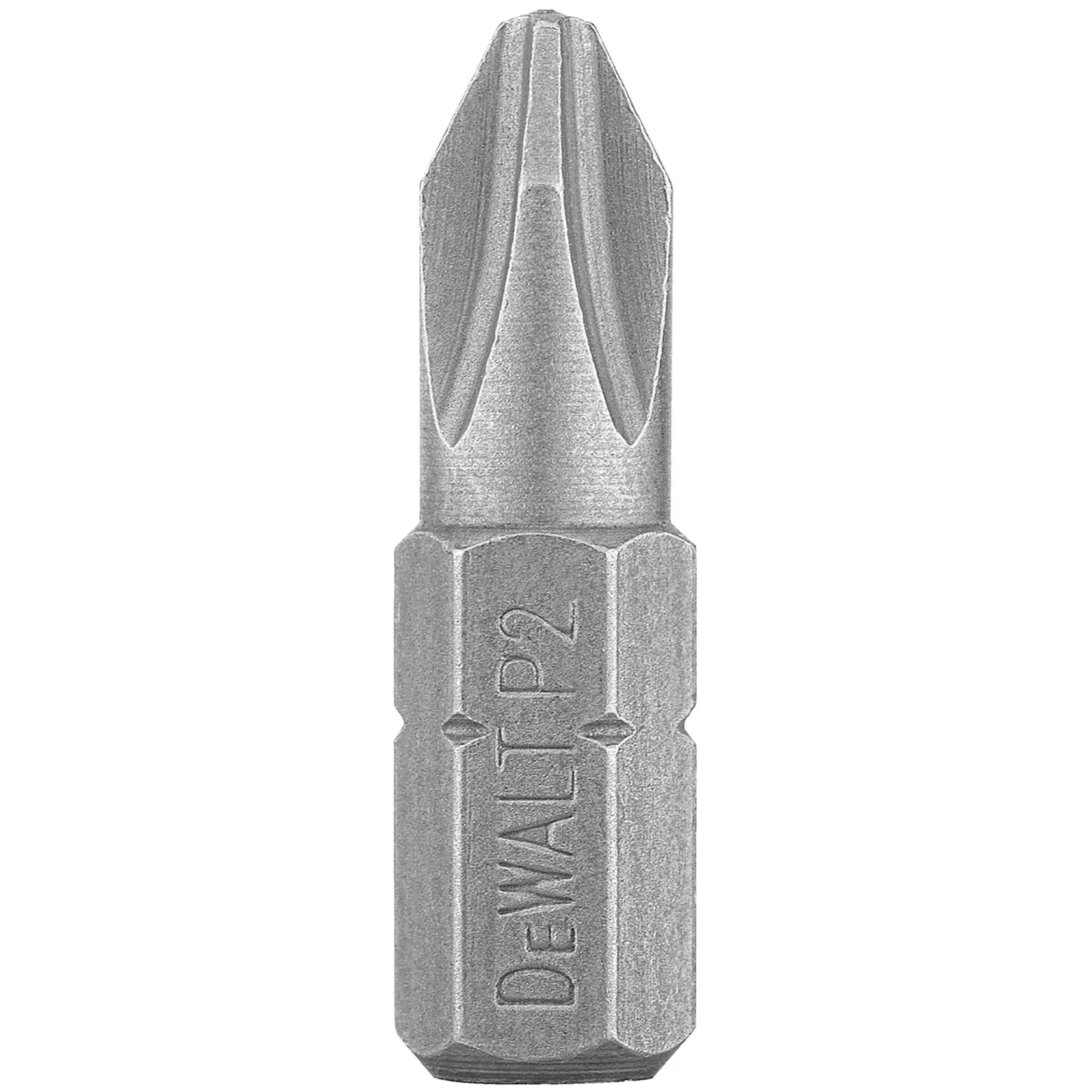 A close-up image of a DEWALT Phillips screwdriver bit with a P2 marking engraved on its side. The bit is made of metal and has a hexagonal base.