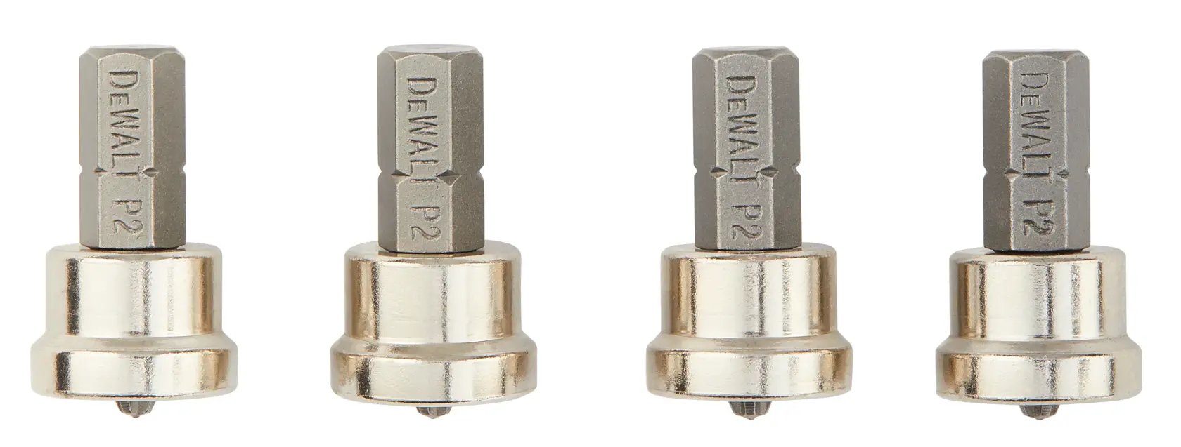 Four DEWALT P2 screwdriver bits with metallic bases, arranged in a row on a white background.